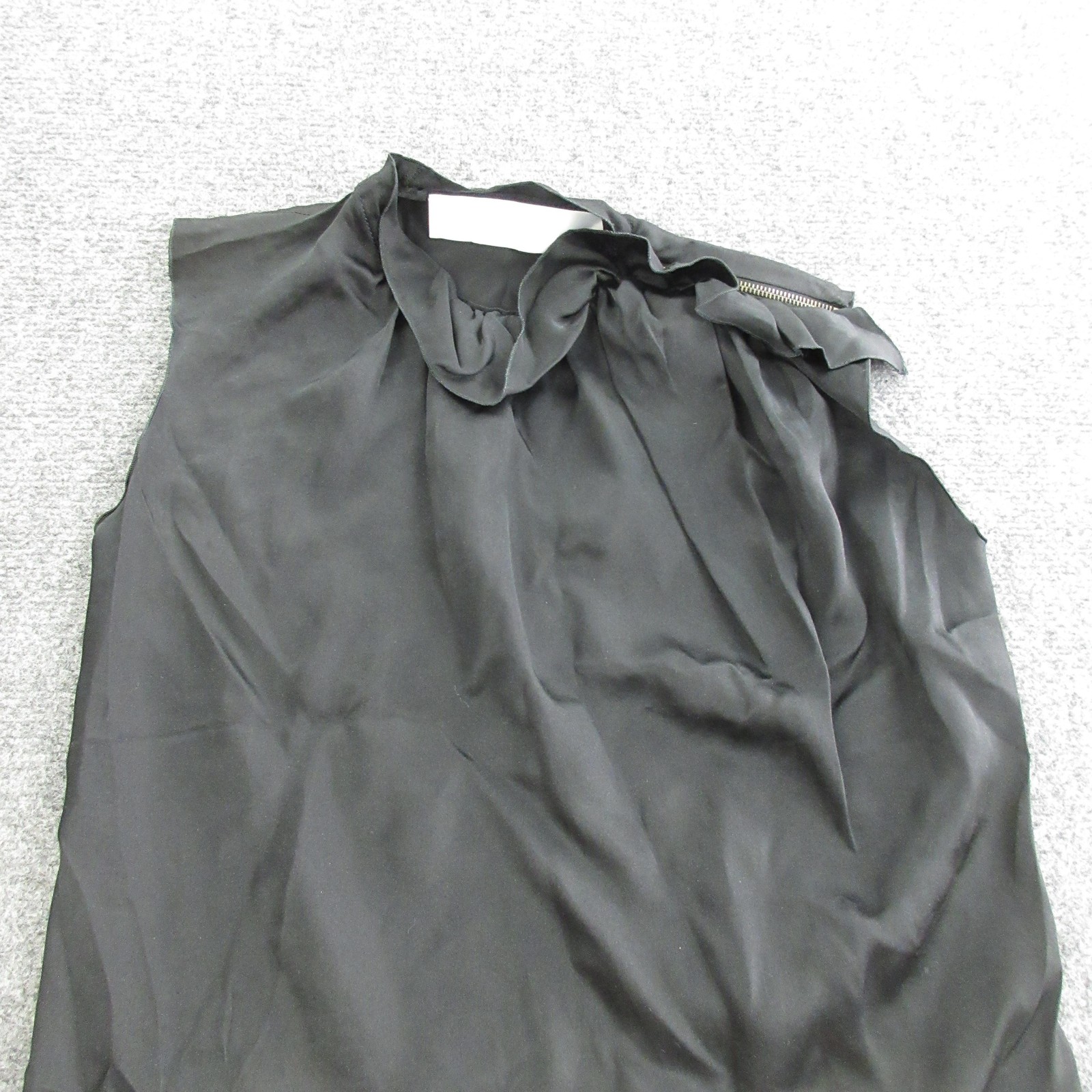Lanvin Blouse Womens 36 Black Silk Satin Ruffle High Neck Sleeveless Top France