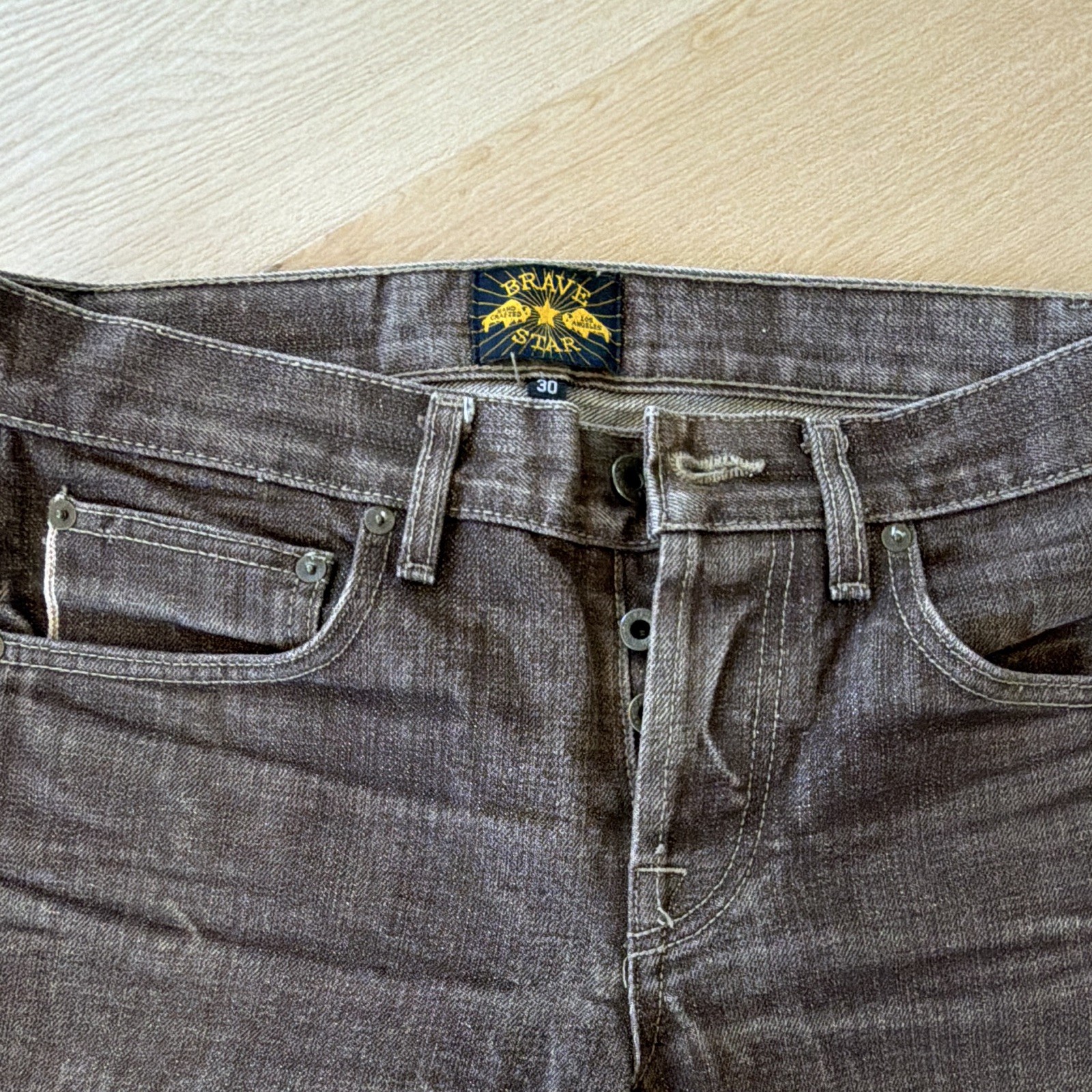 Brave Star Men’s Brown Charcoal Wash Slim Straight Denim Jeans Button Fly