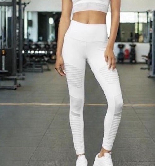 ALO Leggings Small Yoga White Moto High Waist Seamed 81% Nylon/19% Spandex #550