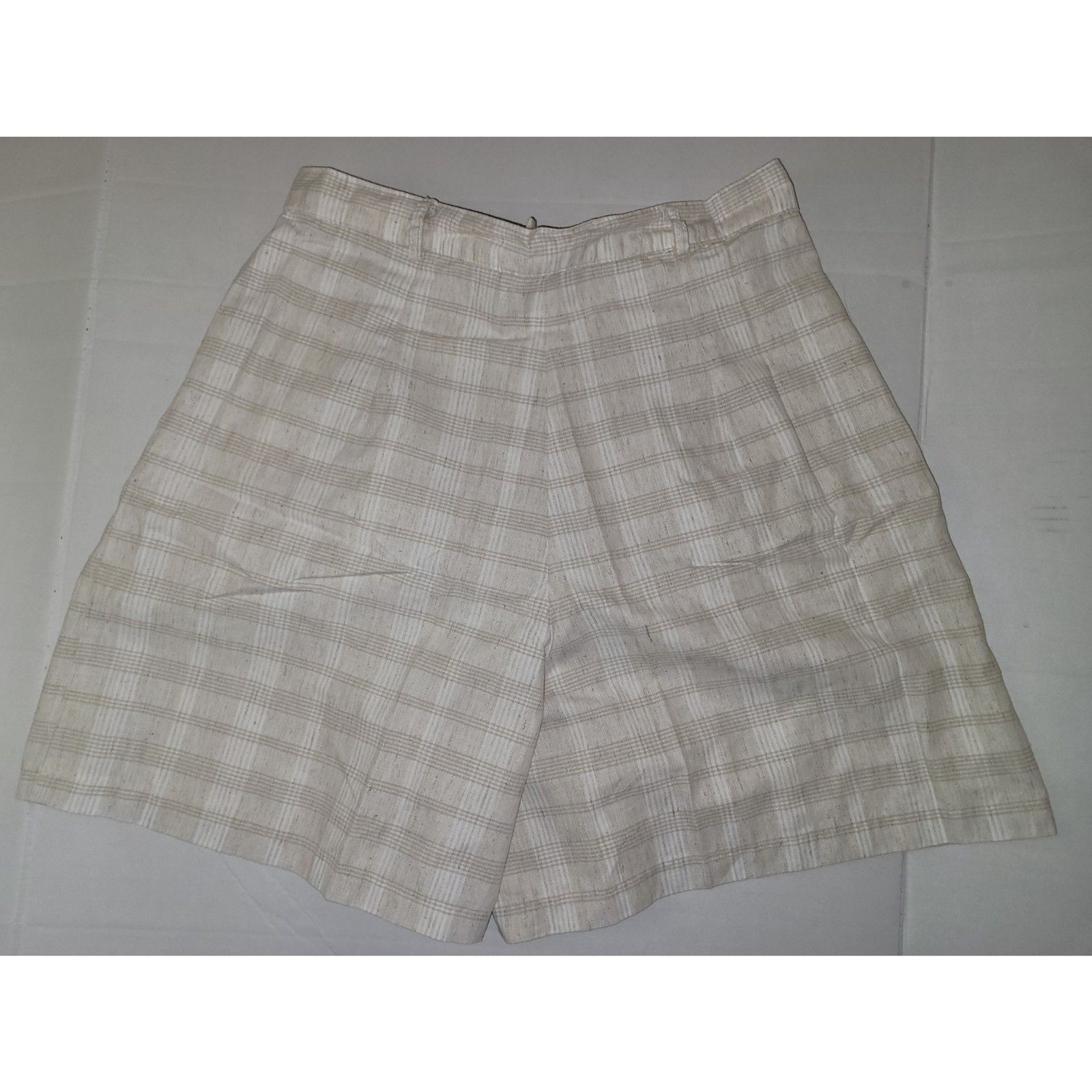 Vintage Style Gingham Plaid Pleated Shorts Tan Beige White Size16