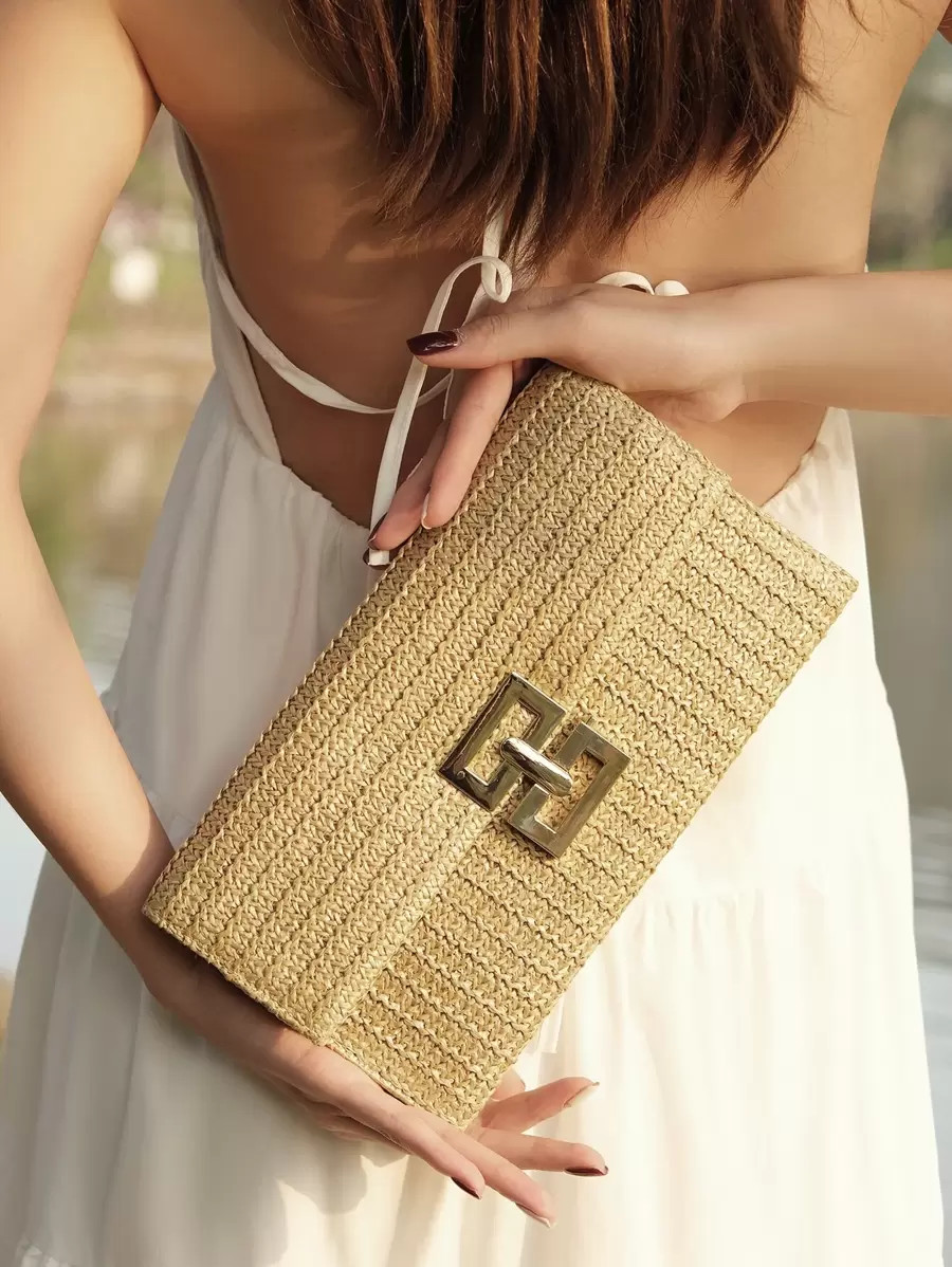 Woven Straw Flap Clutch Bag Medium Turn-Lock Chain Shoulder Purse Vacation