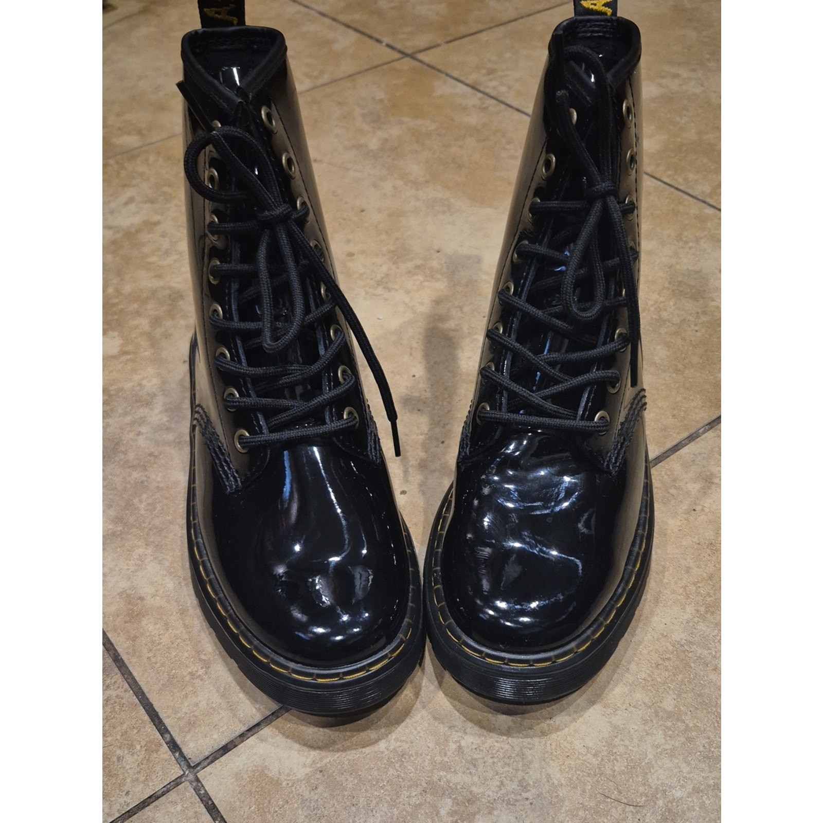 Dr. Martens Black Patent Leather Lace-Up Boots with Yellow Stitching