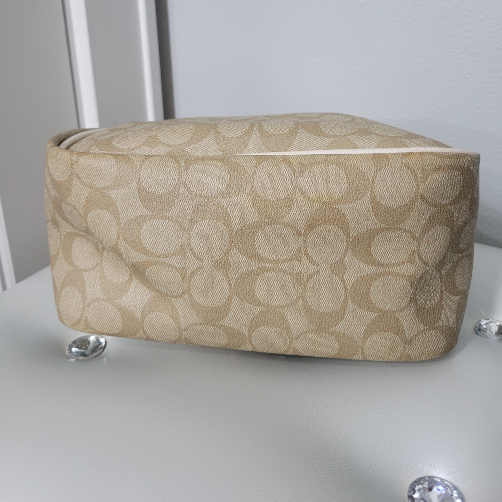 COACH Cammie C8152 Beige Signature Canvas & Cream Leather Chain Shoulder Bag
