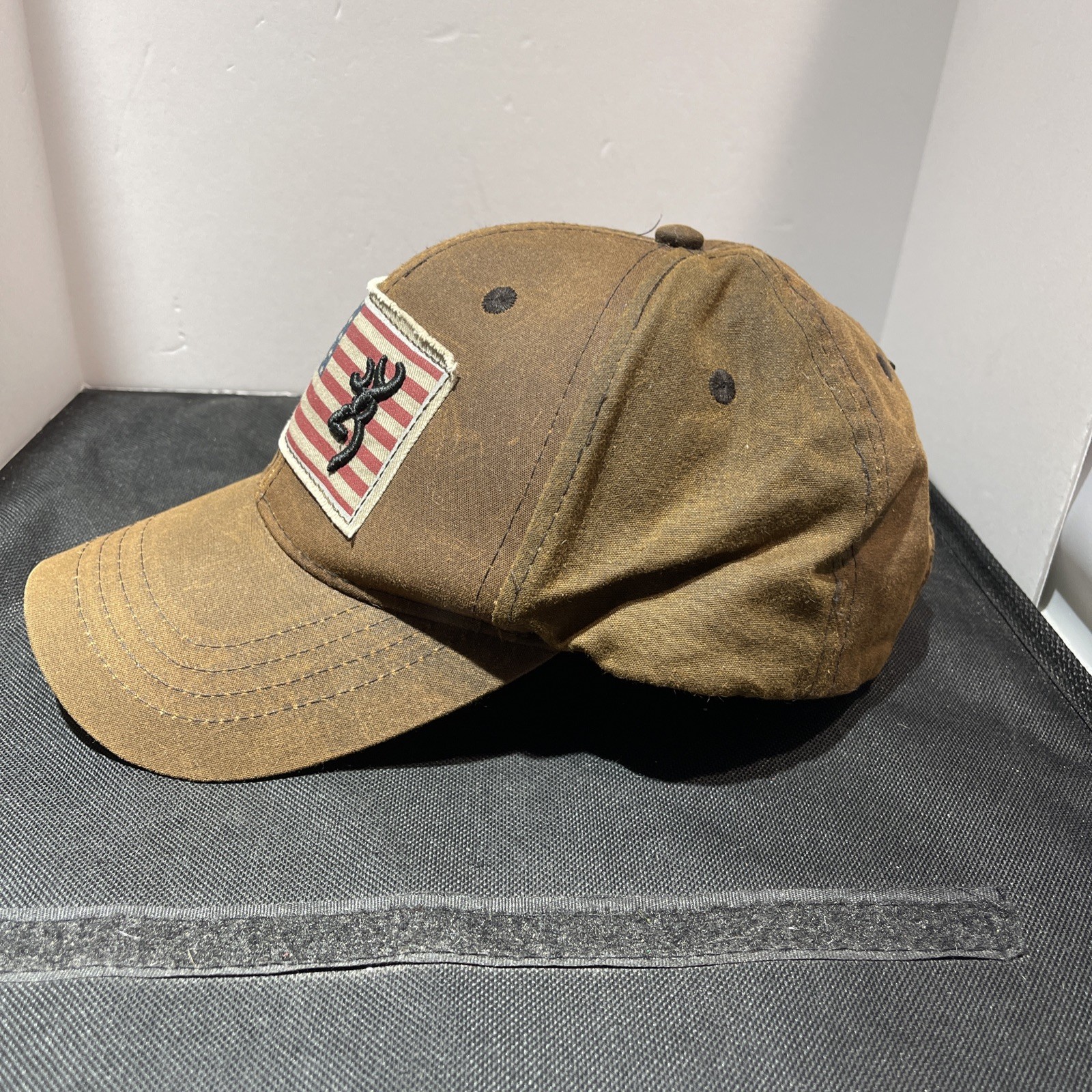 Browning Liberty Wax Cap Hat Mens Dk Brown Strap Back American Flag Hunting USA