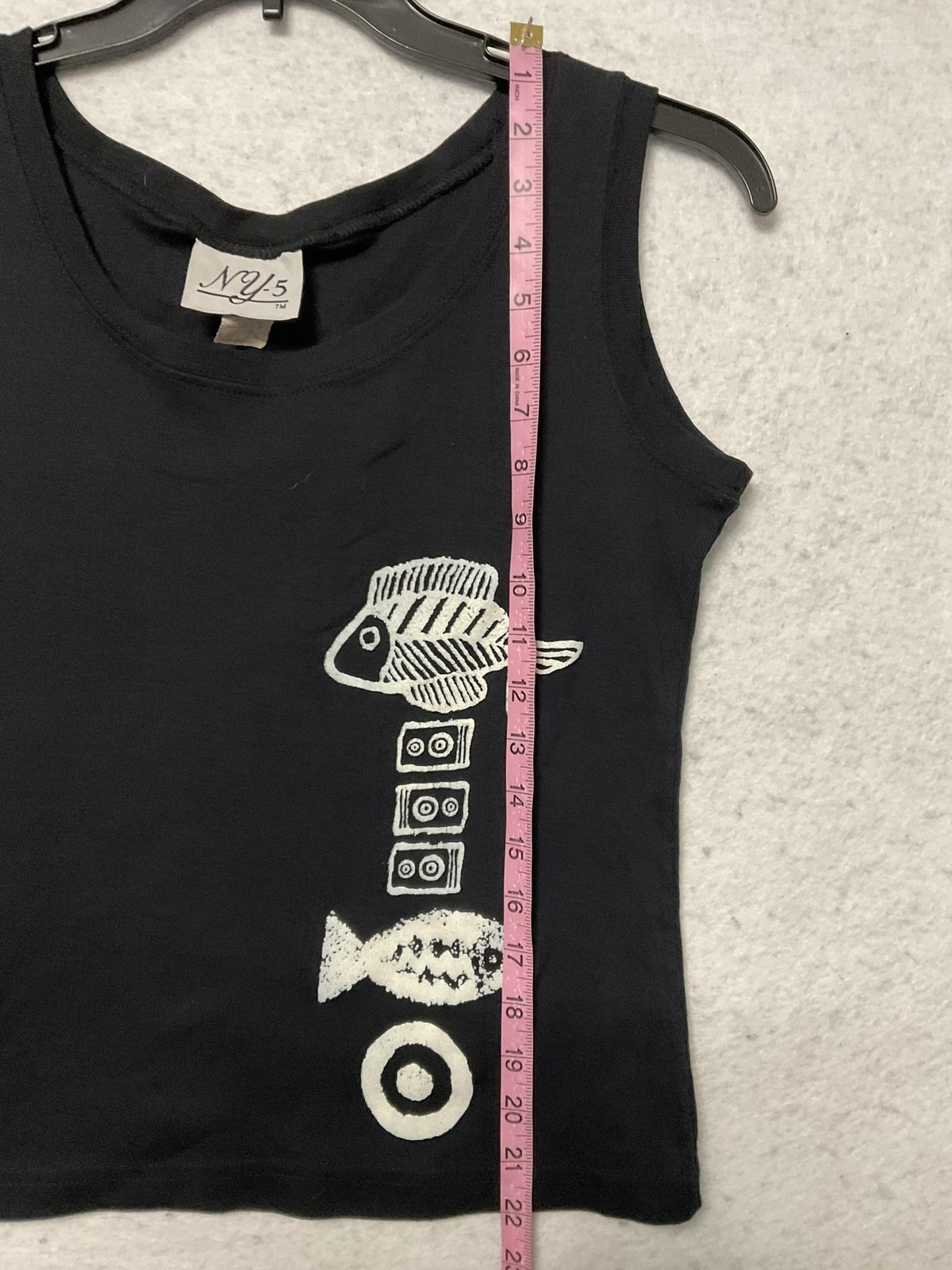 NY-5 Tank Top Womens Small Black Fish Graphic Scoop Neck Nautical Beach