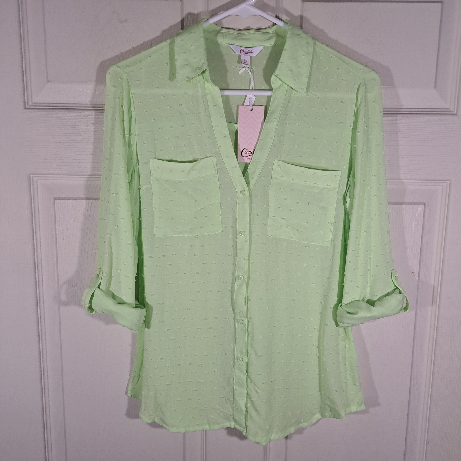 Candies Button Up Shirt Womens Size XS Green Cuffed Textured Sheer NWT $38.00