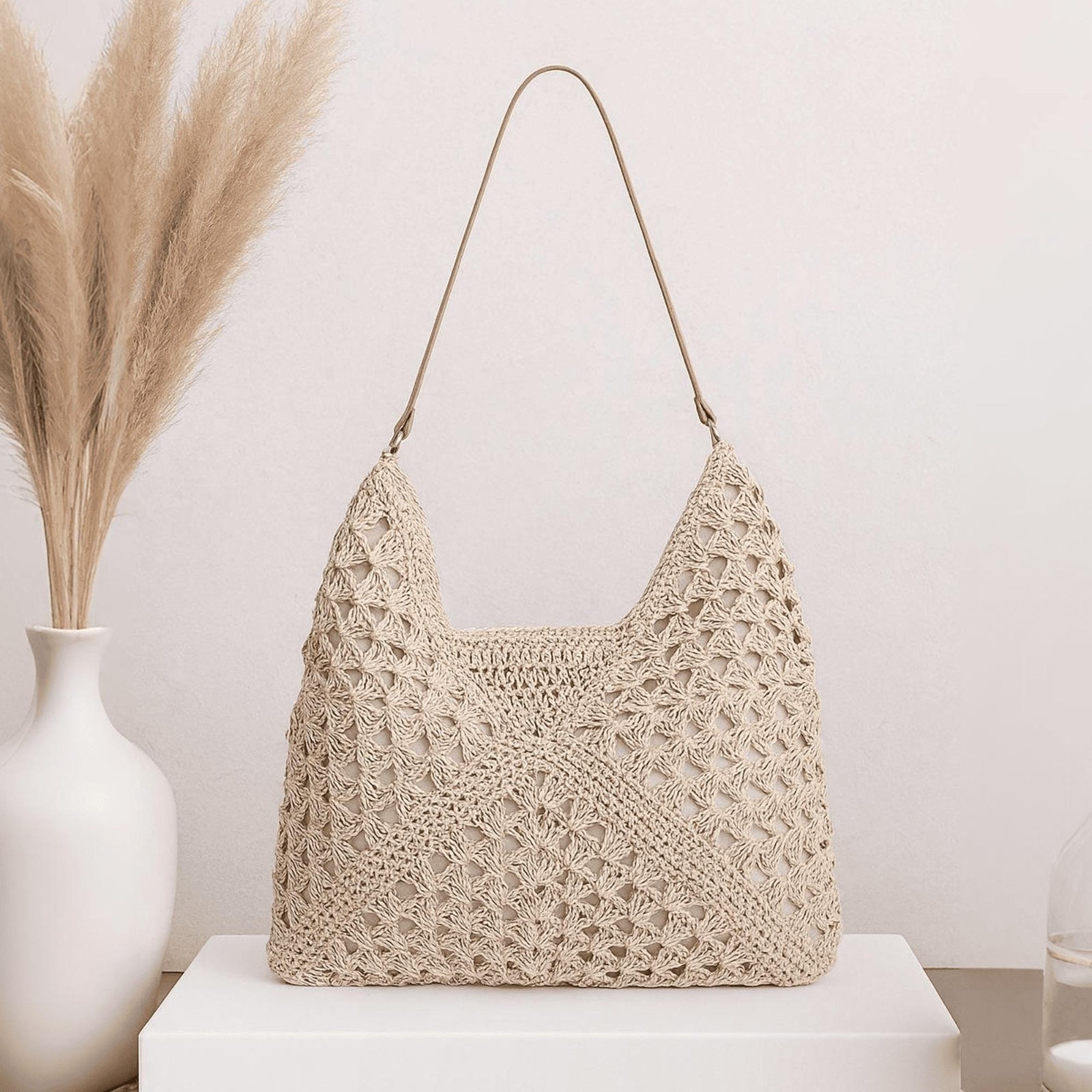 Handmade Crochet Tote Bag Boho Retro Shoulder Bag Free Shipping US