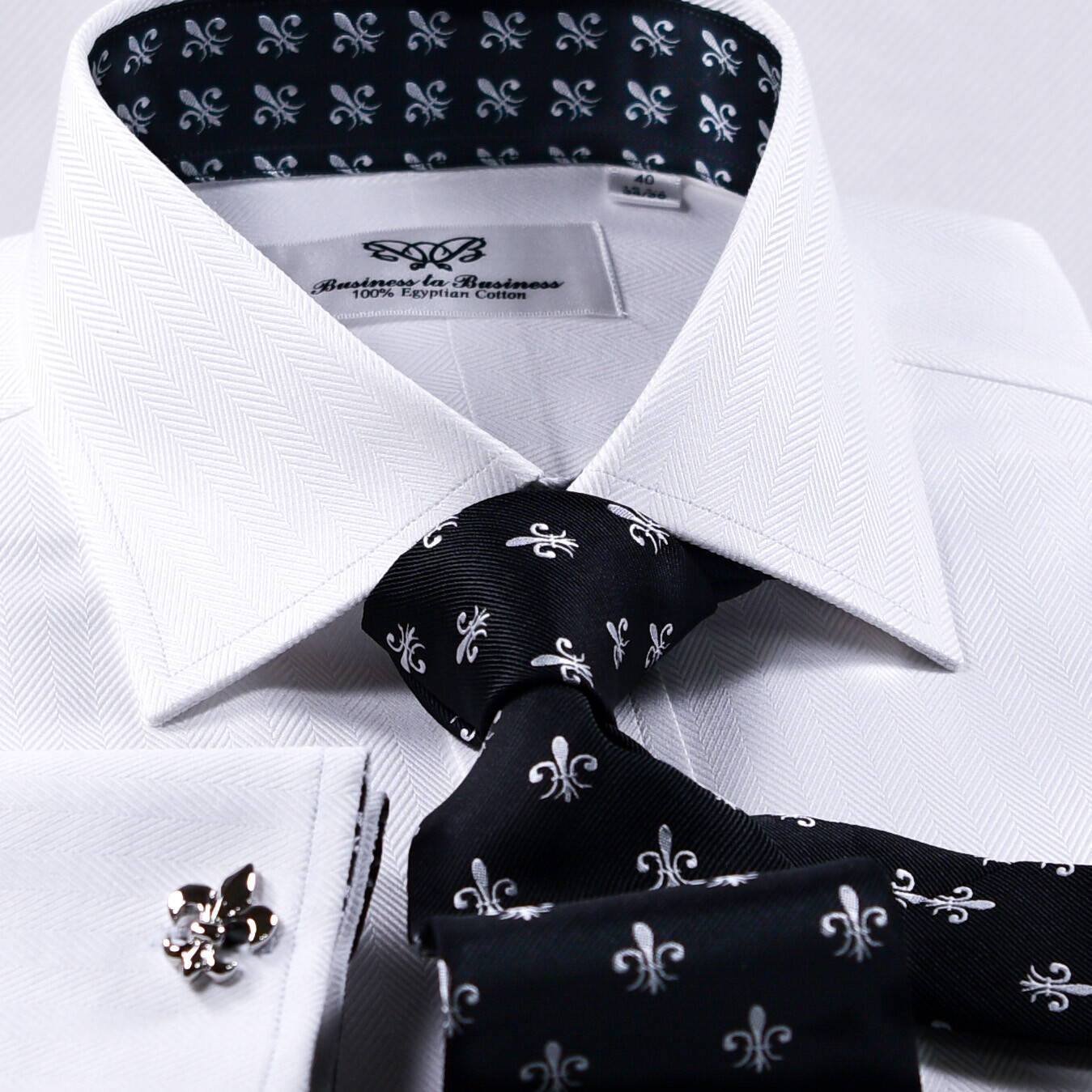 Black Italian Fleur-De-Lis White Heiingbone Twill Men’s Dress Shirt Sexy Floral