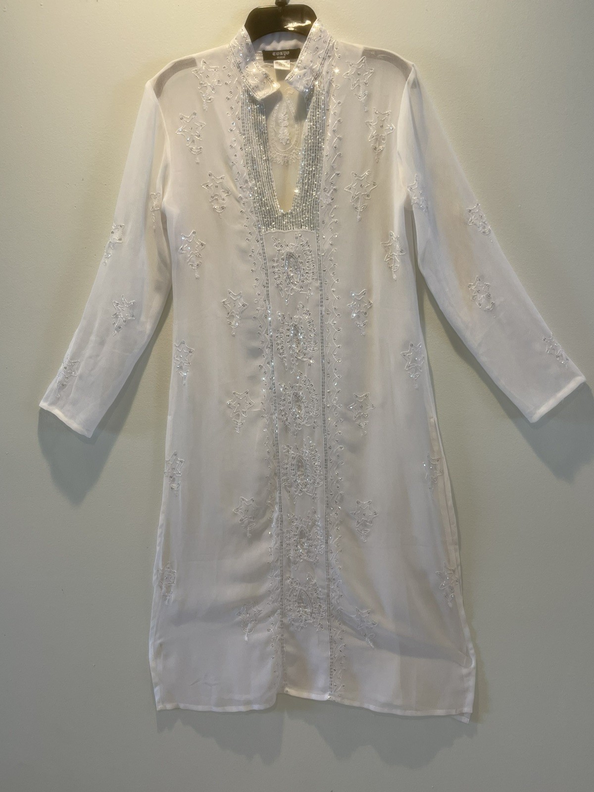 Tokyo Denim Beaded Embroidered Sheer White Floral Silver Sequin Dress M Size