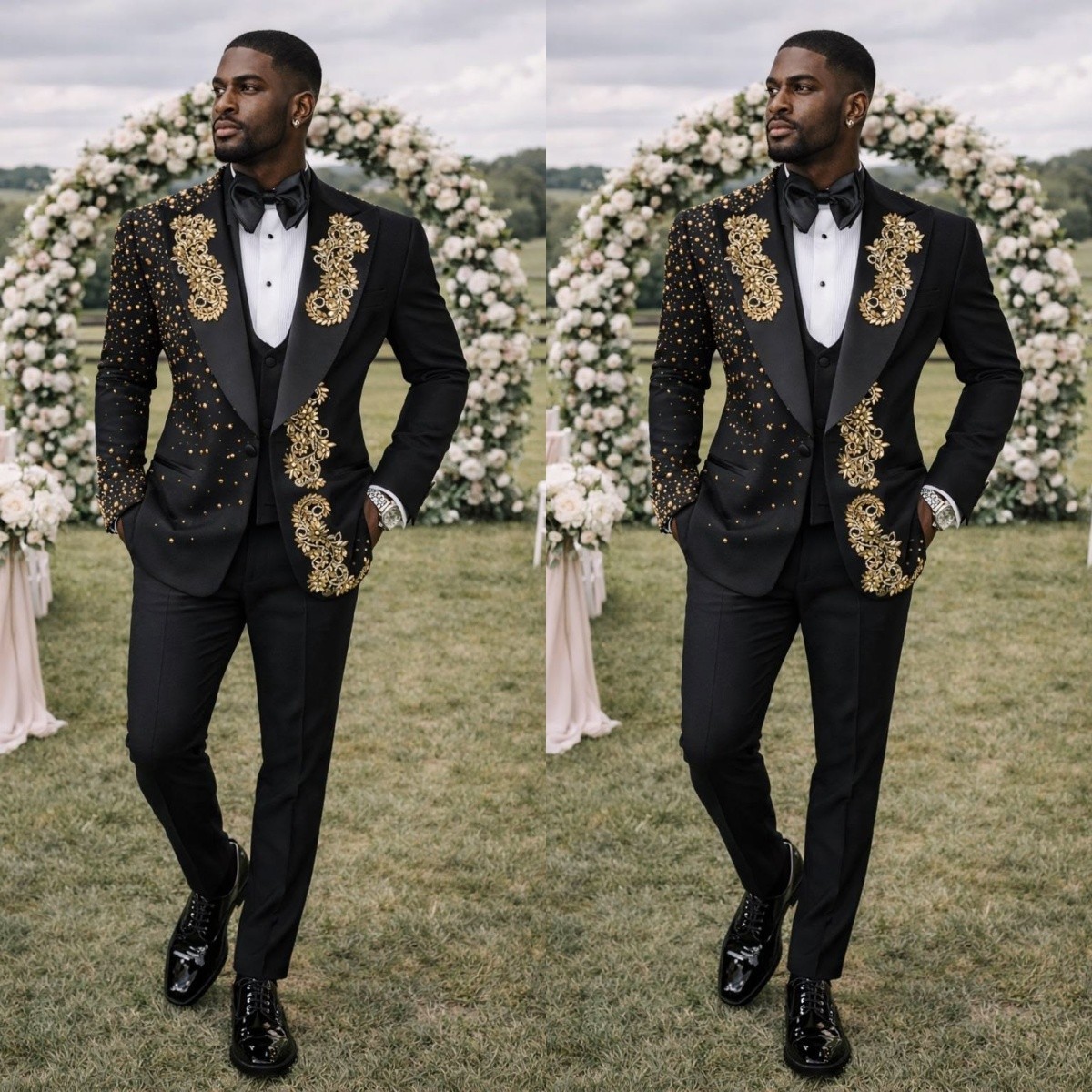Black Wedding Men’s Suits Gold Rhinestone Jacket 3Pcs Beading Peak Lapel Coat