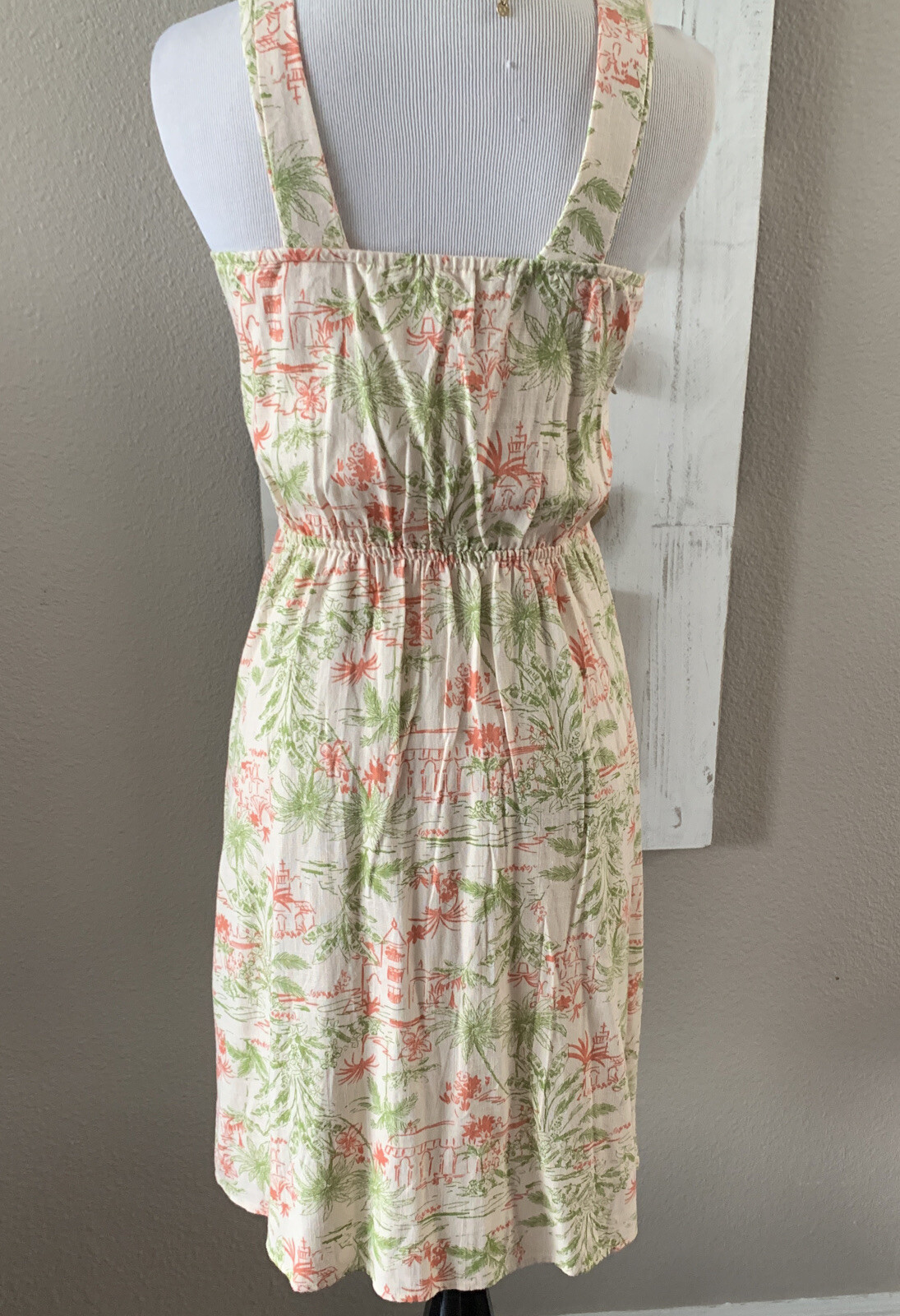 Monteau Linen Blend Pagoda pattern Sundress S Natural Ivory and Red dress