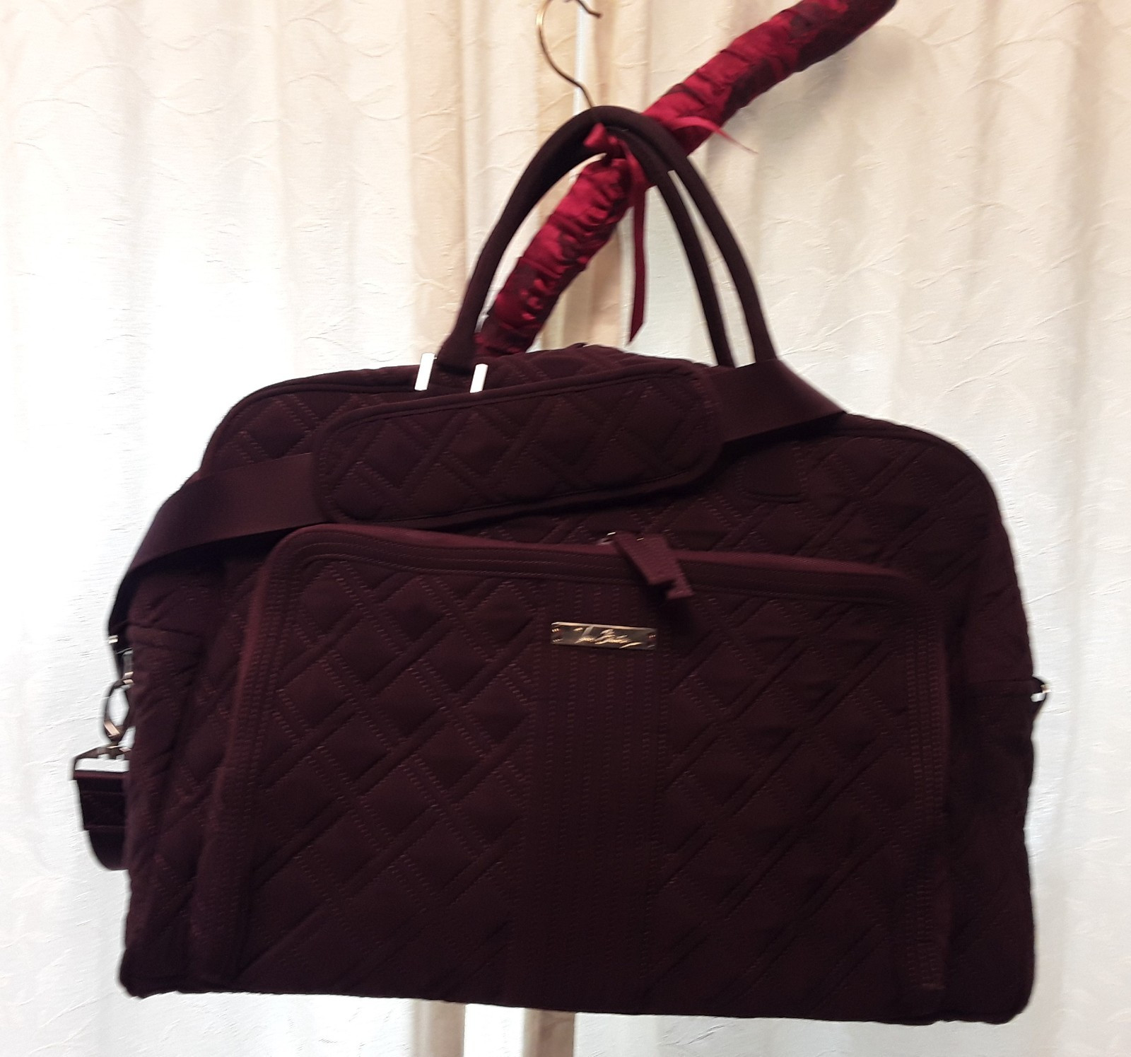 Vera Bradley Duffel/Weekender – burgundy quilted cotton with crossbody strap