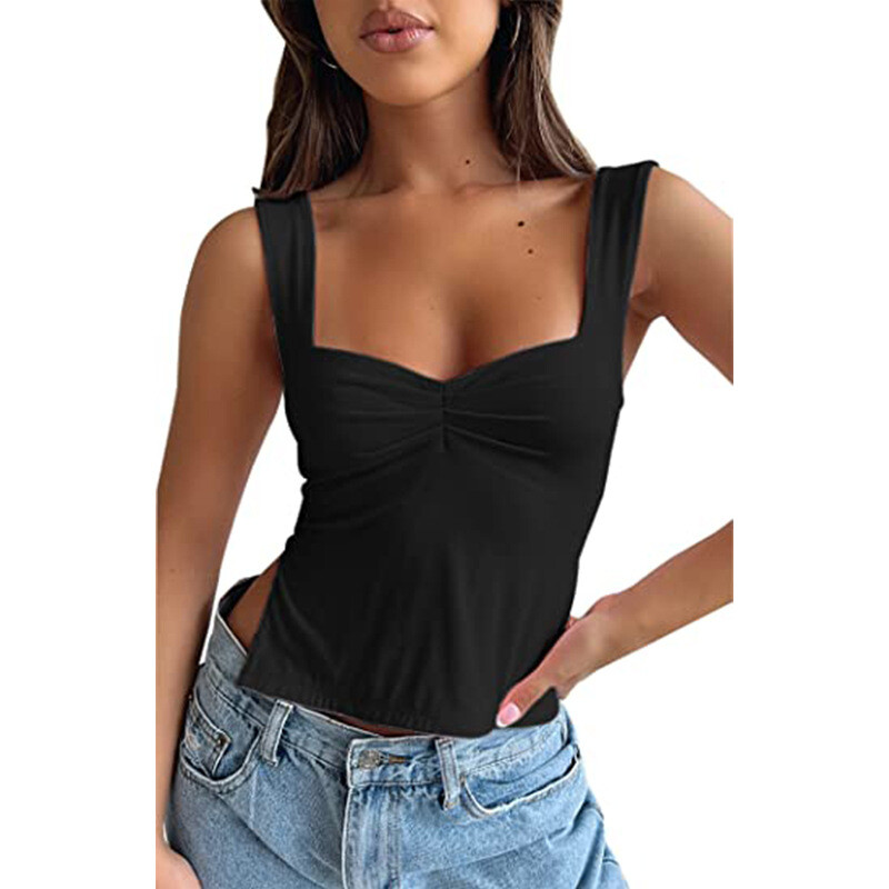 Women Sexy Low Cut Pleated Chest Camisole Crop Tank Top Sweetheart Slits Shirt