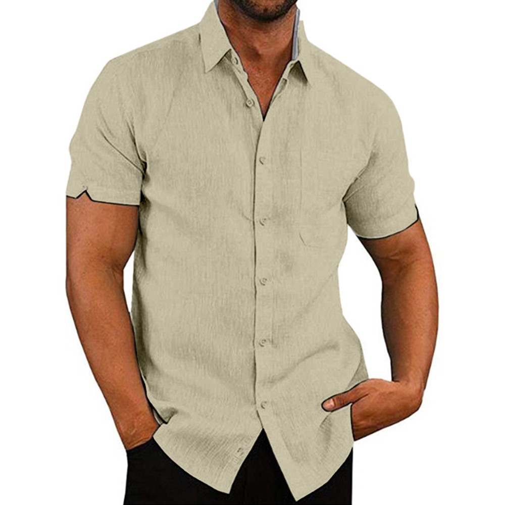 Mens Solid Short Sleeve Button Turn Down Collar Casual Blouse Casual T-shirt Top