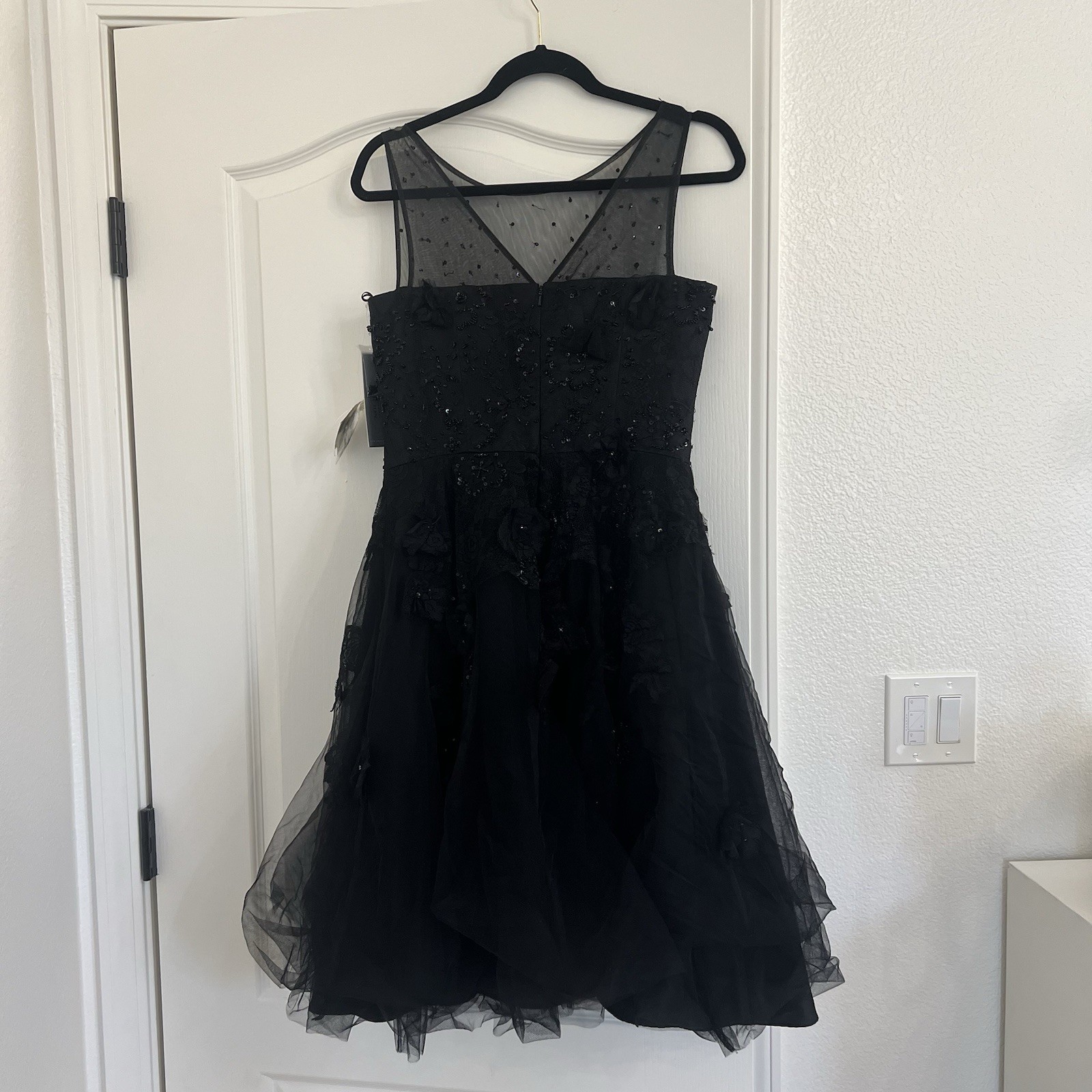 Teri Jon Black Beaded Tulle Fit & Flare Sweetheart Cocktail Dress Sz 8