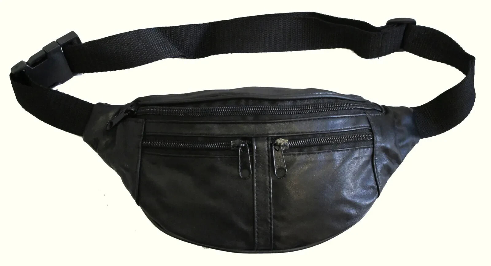 Small 4 Zipper Pocket Soft Lamb Leather Fanny Pack 48″ Long Waist Bum Bag -BLACK