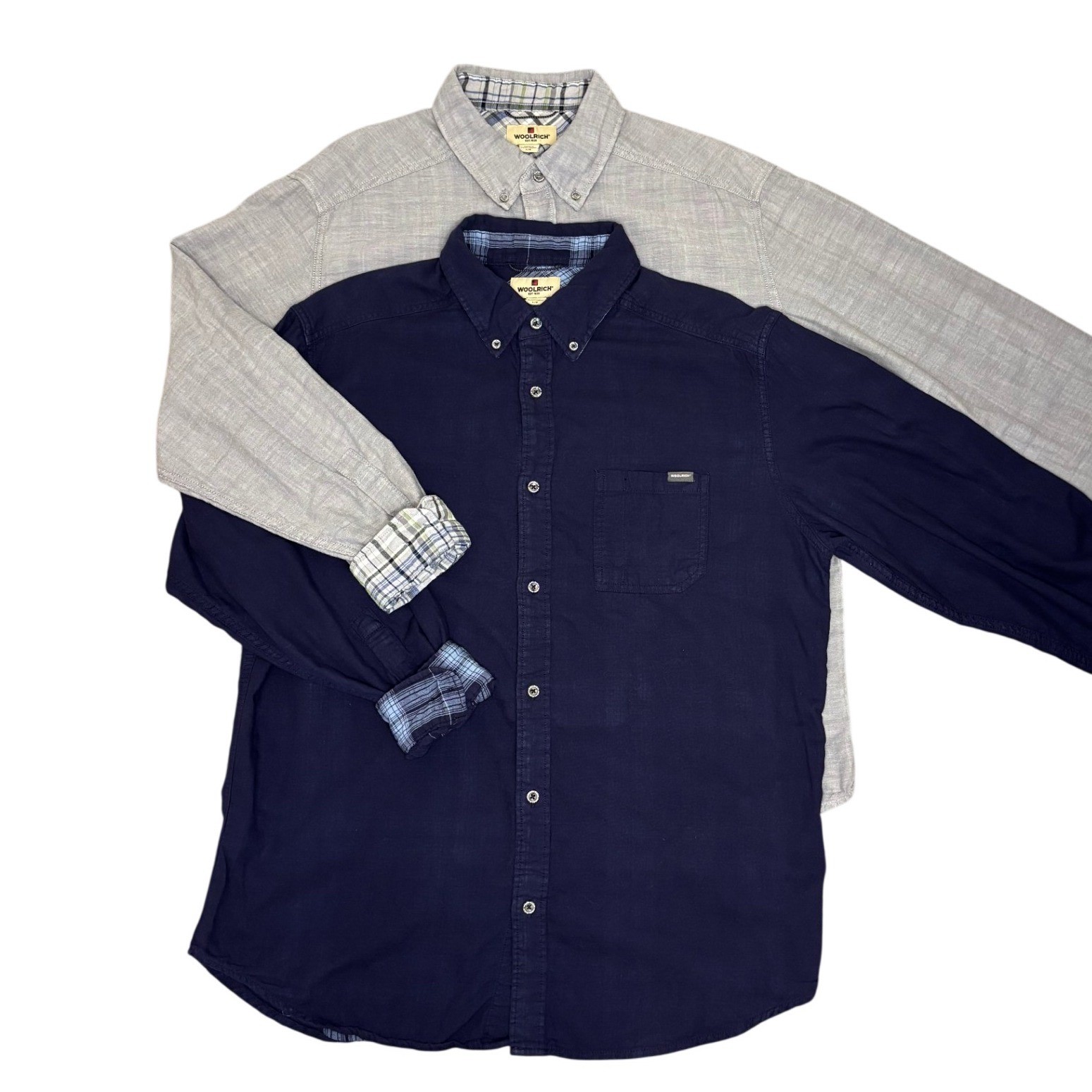 2 Woolrich Mens Button Front Shirt L Cotton Long Sleeve Plaid Lined Navy Gray