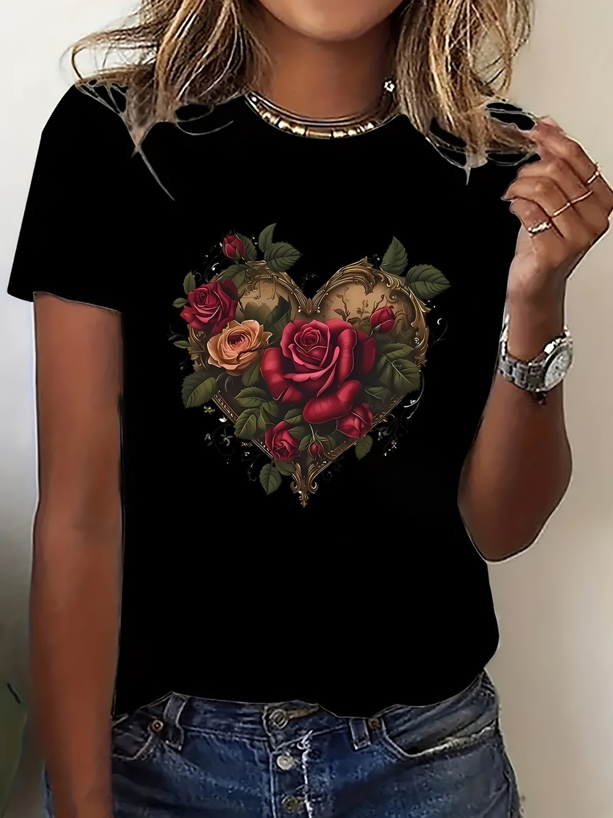 Women Vintage Floral Heart Graphic T-Shirt Rose Flower Casual Crew Neck Tee Top