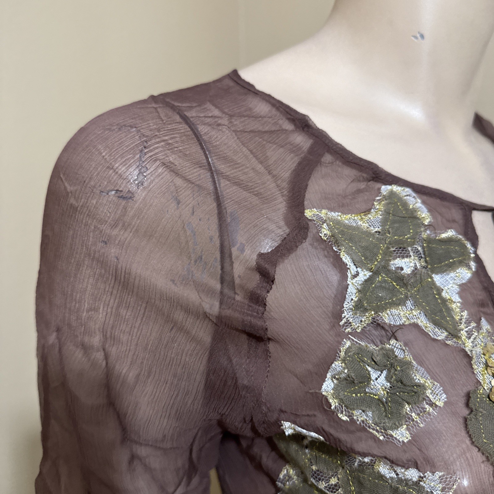 Women’s Brown Silk Casual Summer Sheer Beaded Embroidered Lace Size S Blouse Top
