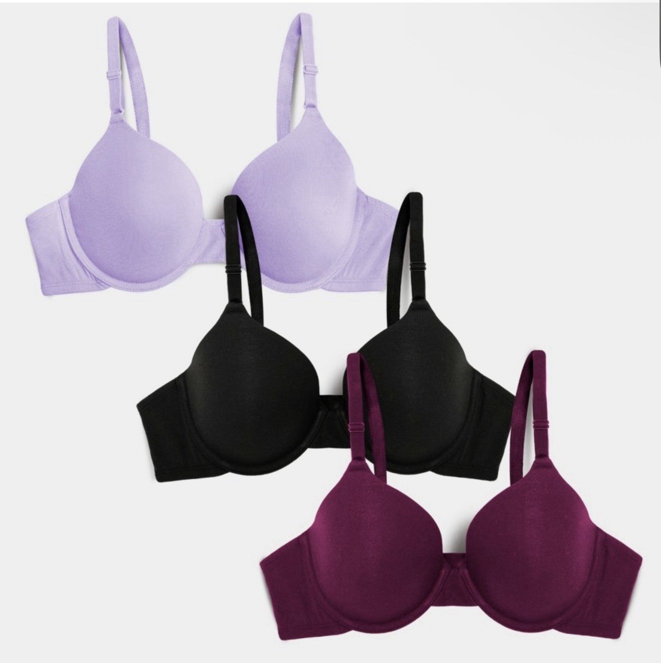 Fruit of the Loom Women’s T-Shirt Bra 3 Pk Lilac Whisper/Purple/Black SZ 36D New