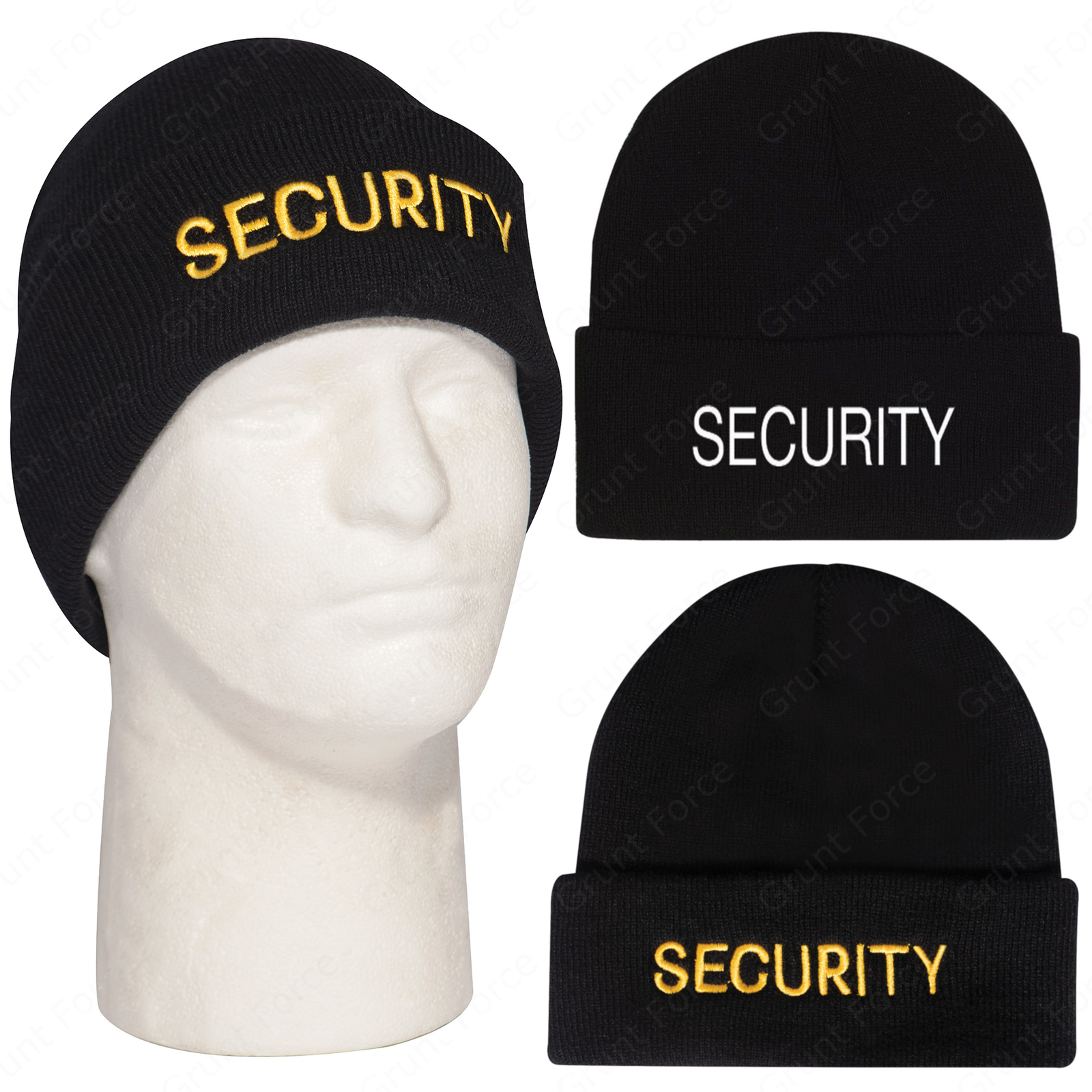 Black & Gold Embroidered SECURITY Watch Cap – Ski Hat Winter Hat 100% Acrylic