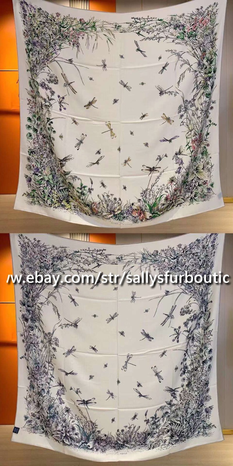 Sallys 75% Cashmere 25% silk Wrap Scarf Dragonfly Print Double Face Shawl 53″