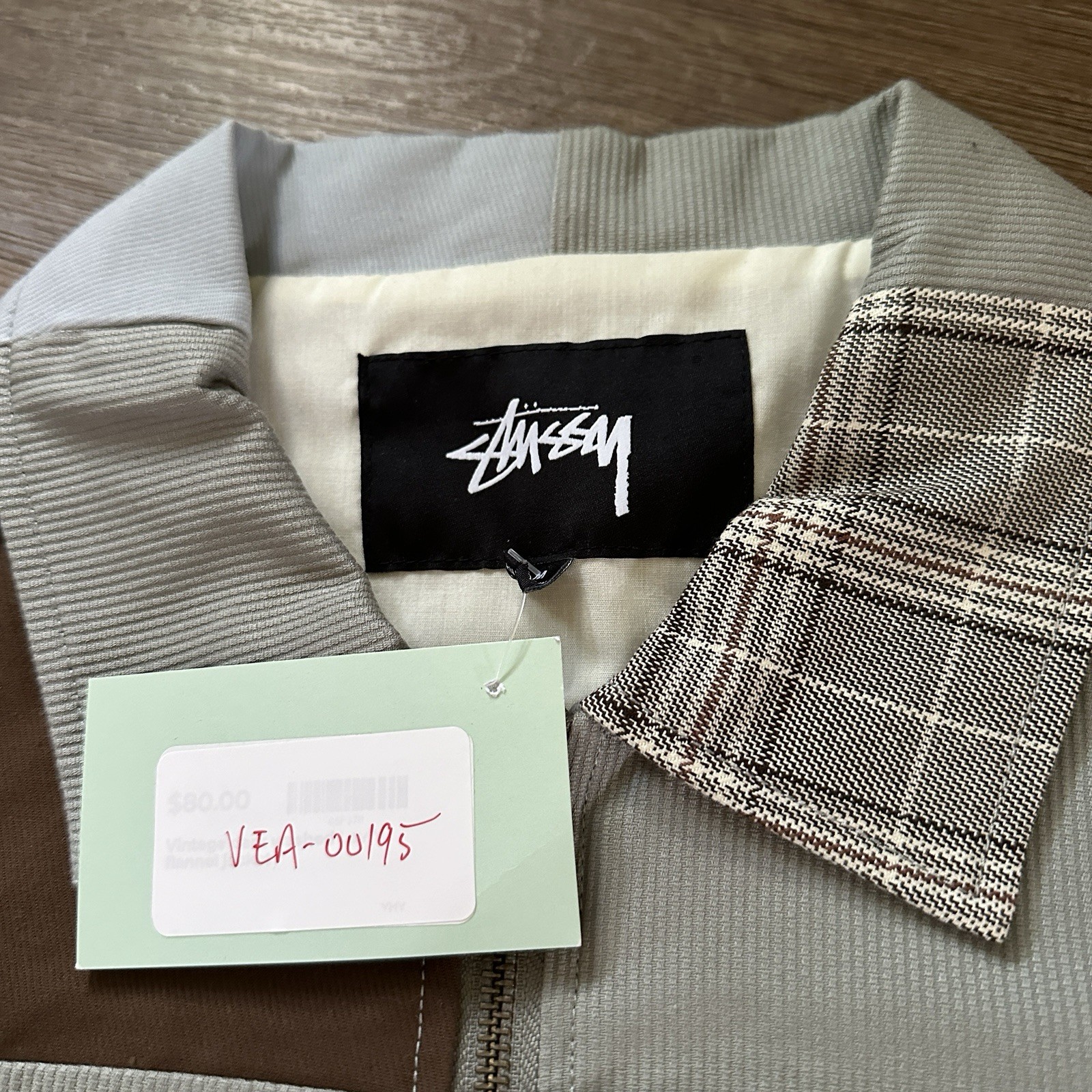 Stussy Men’s Brown Beige Plaid Jacket L Full Zip Lined Pockets Point Collar