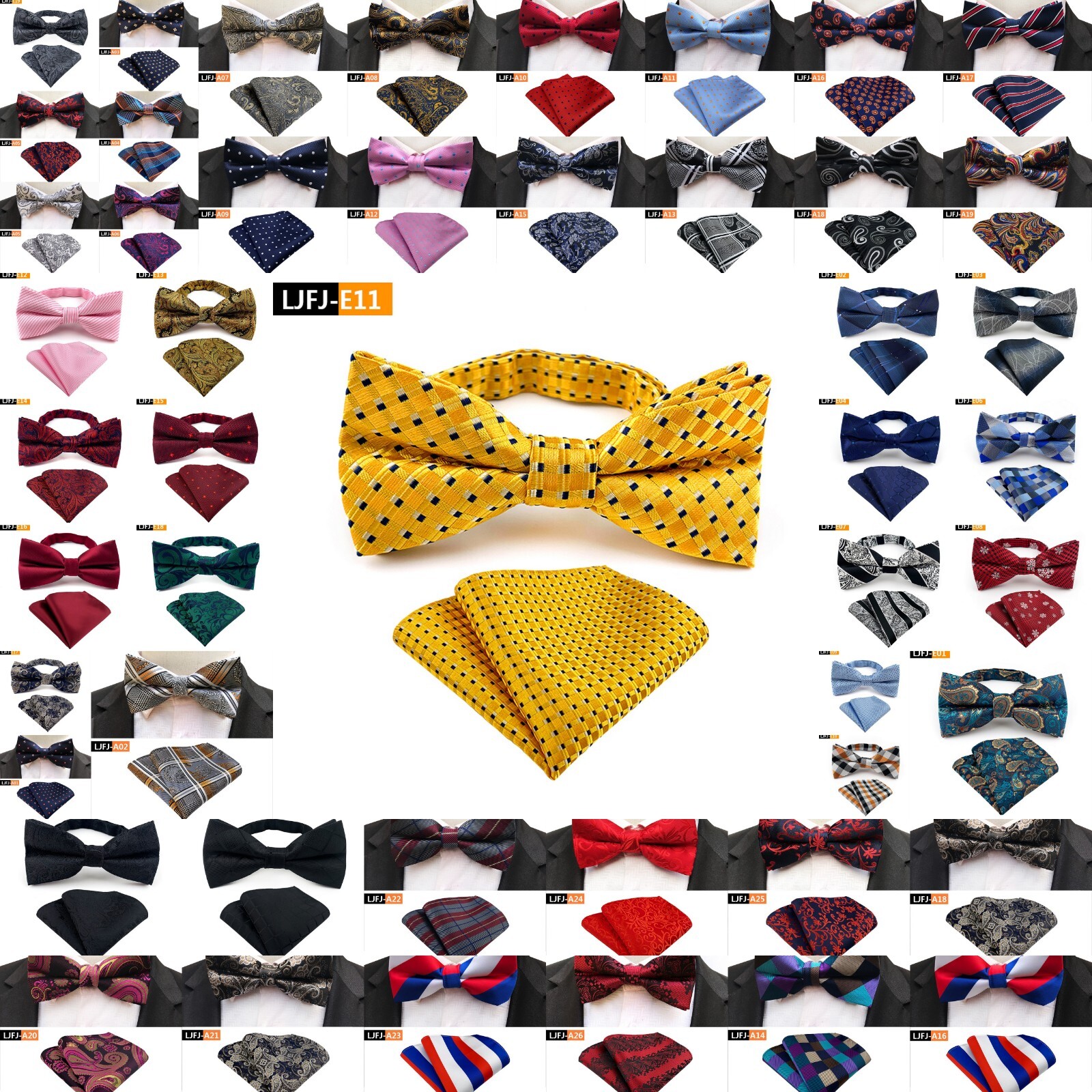 New Mens Pre-Tied adjustable Bow Tie Checks Stripes Bowtie Hanky Wedding Party