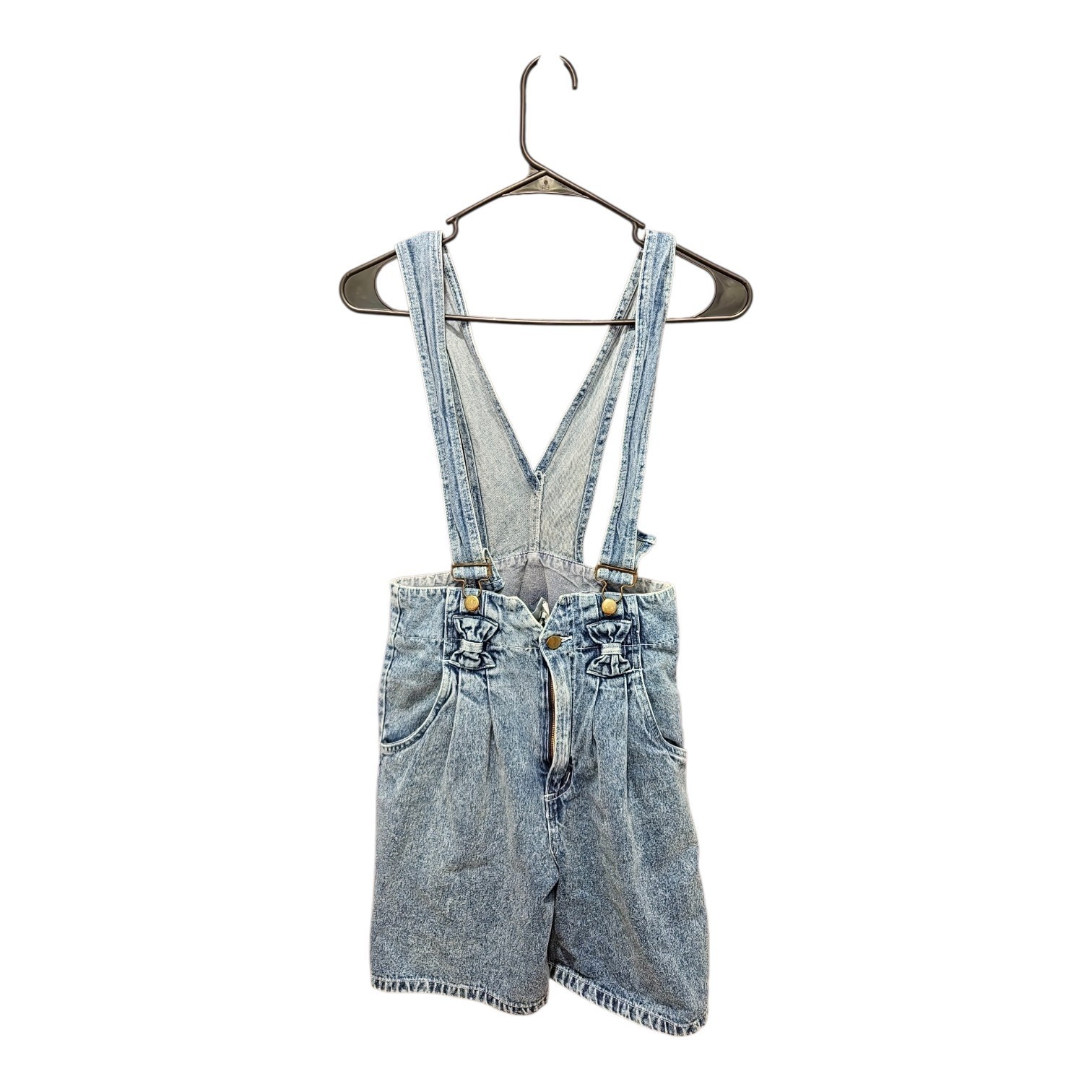 Vintage S 26 W Denim Shortalls Acid Wash 80s 90s Overalls Romper Bows Suspender