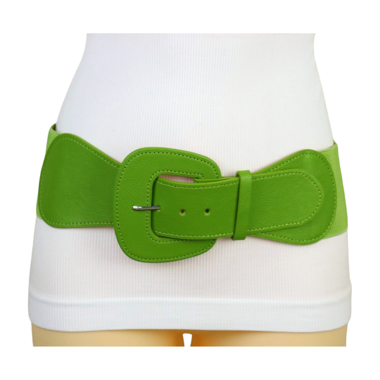 Women Olive Green Elastic Waistband Wide Popular Fun Fashion Belt Big Buckle S M