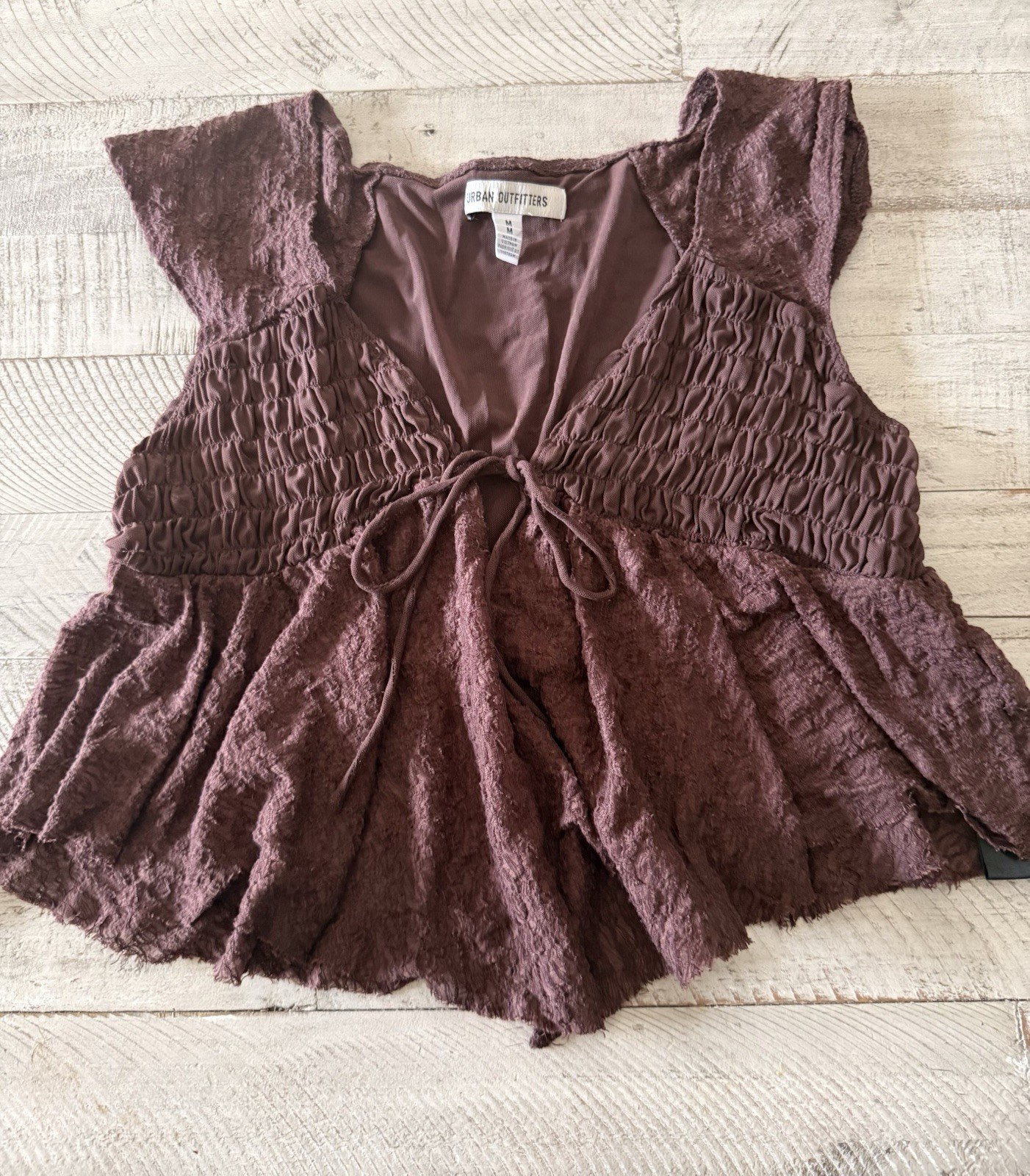 Urban Outfitters Lace Smocked Tie-Front V-Neck Cap Sleeve Blouse M