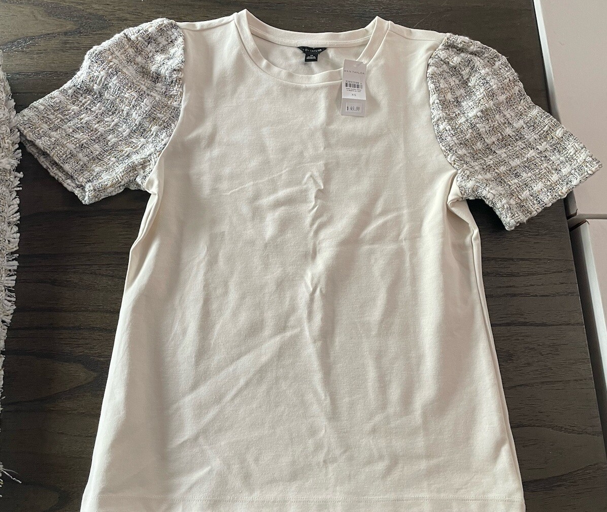 NWT Ann Taylor Beige White Combo Shirt XS And Plaid Sz 2 Tweed Skirt