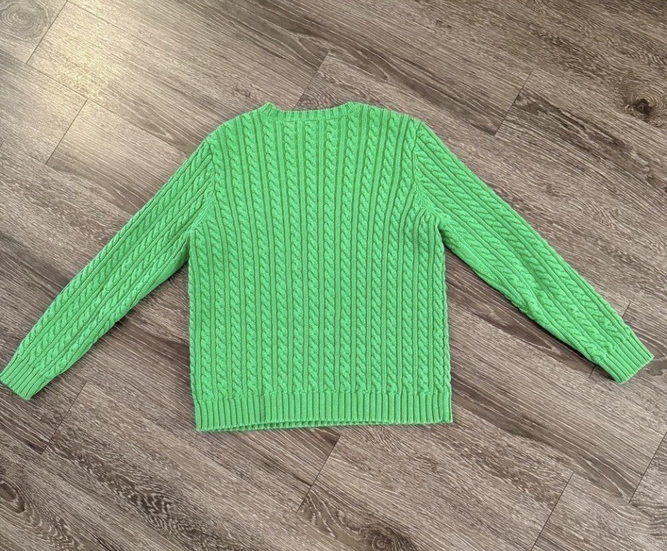 Lauren Ralph Lauren Green Cable-Knit Crew Neck Pullover Cotton Raglan S