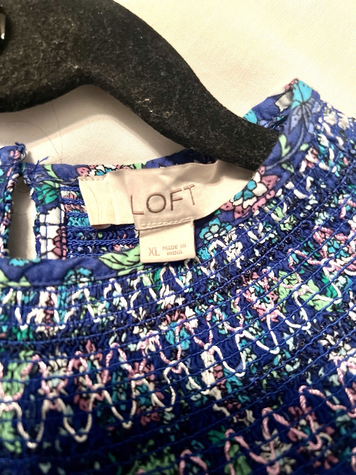 LOFT Floral Smocked Ruffle Sleeve Blouse Blue Multicolor Short Sleeve XL