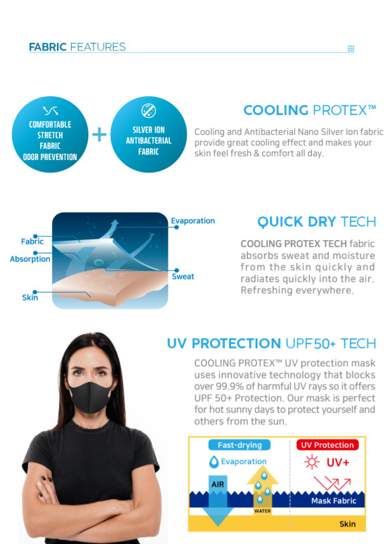 Luxury Fashion Black Face Mask Cooling Protex UPF 50+ Reusable Washable