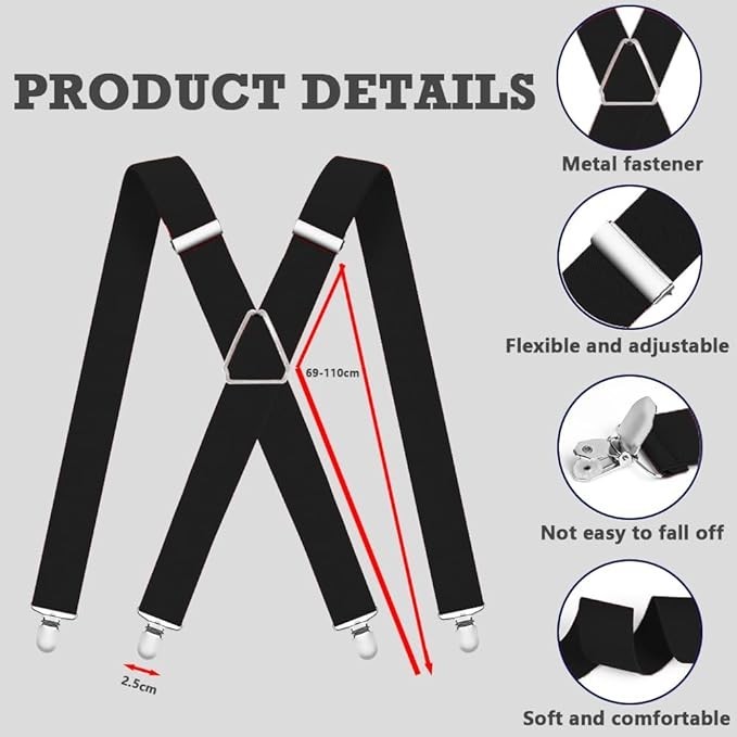 Mens Suspenders Adjustable Braces 4 Strong Metal Clips Elastic X Back Heavy Duty