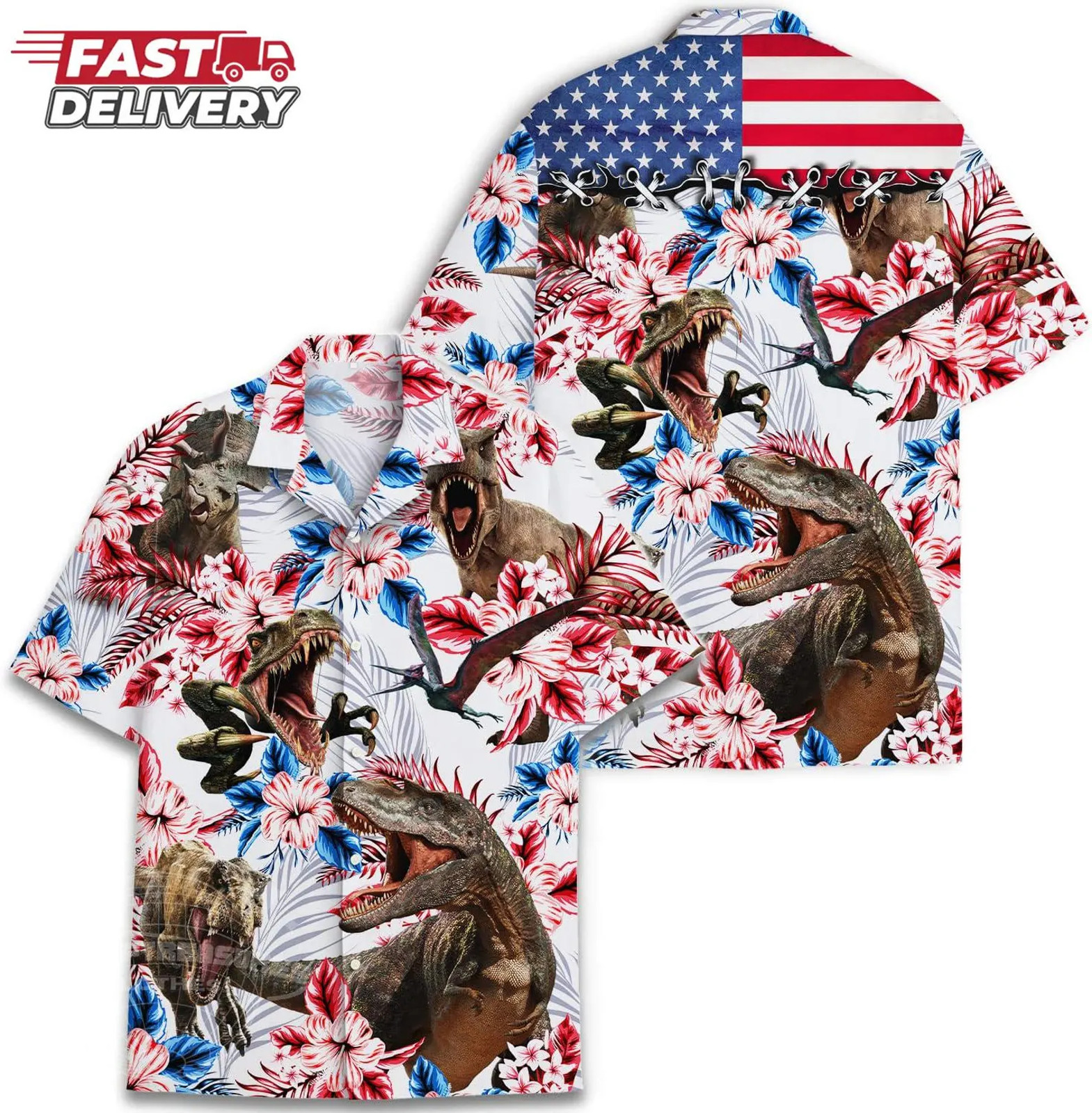 Dinosaur Hawaiian Shirt T-Rex Aloha Shirt With Tropical Flowers