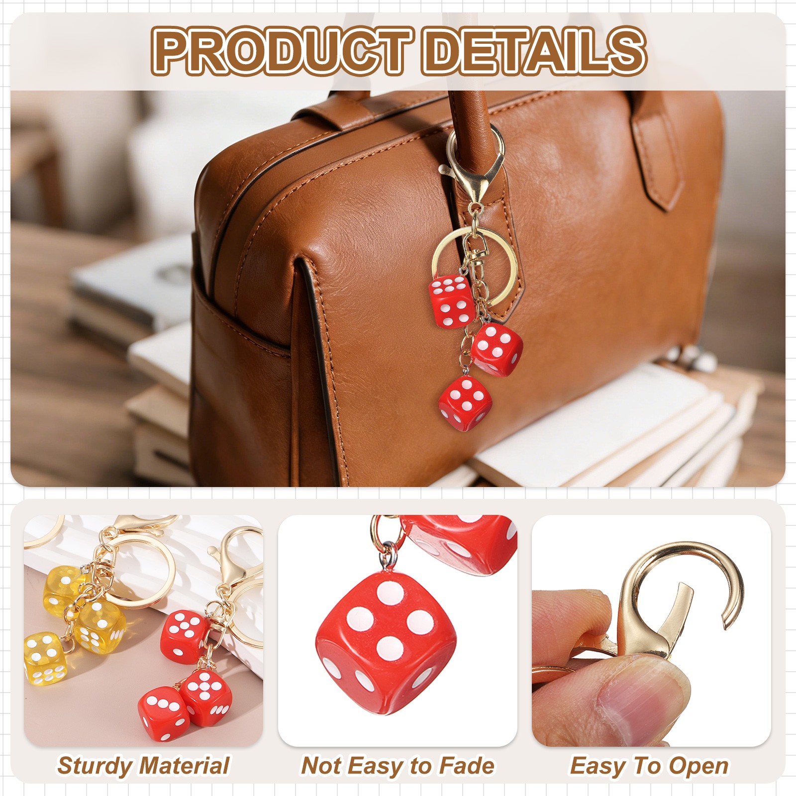 Lucky Dice Keychain Charm, Resin Dice Keyring with 3 Pendants, Light Blue