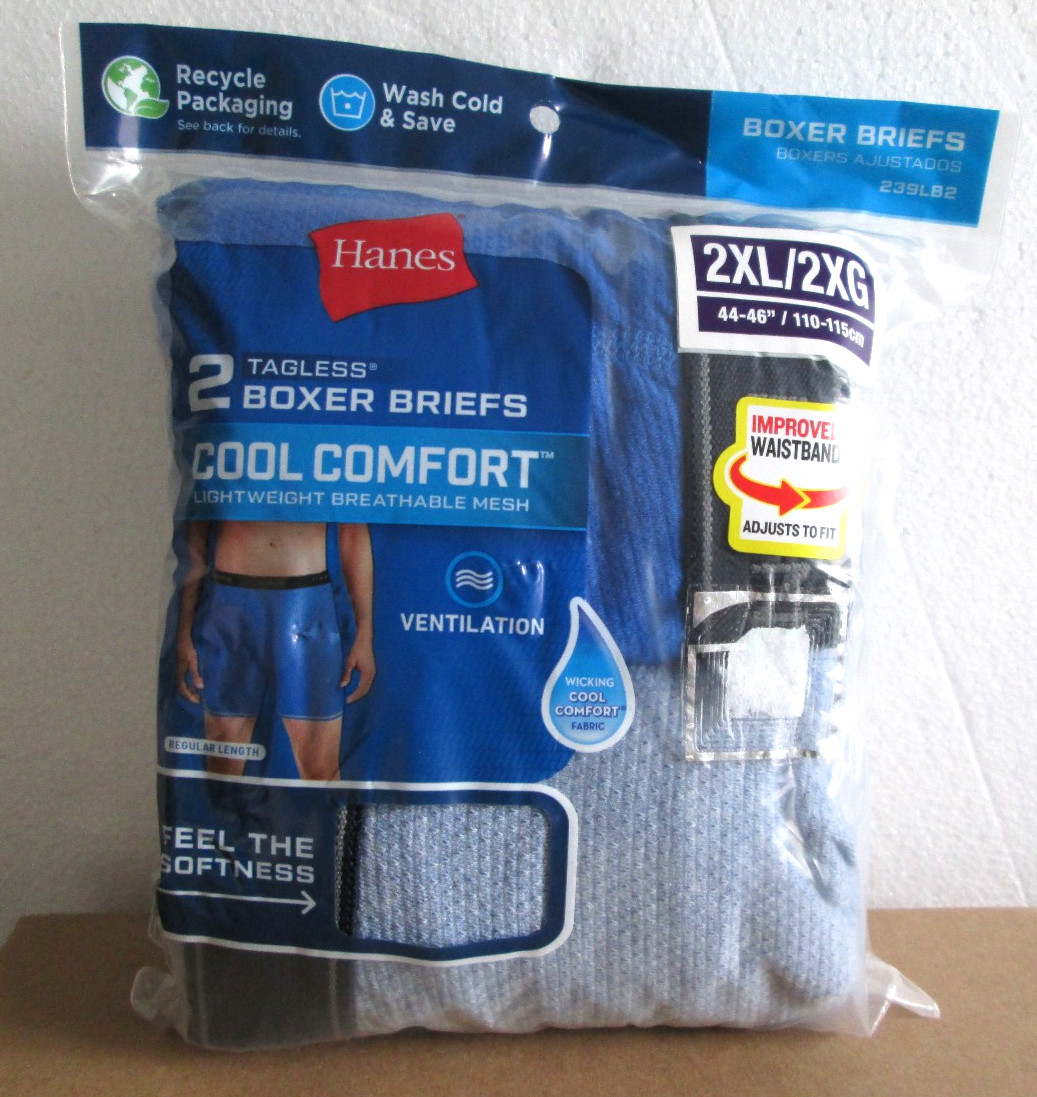 New Men’s Hanes 2 pack Tagless Cool Comfort Premium Boxer Briefs 2XL (44/46)
