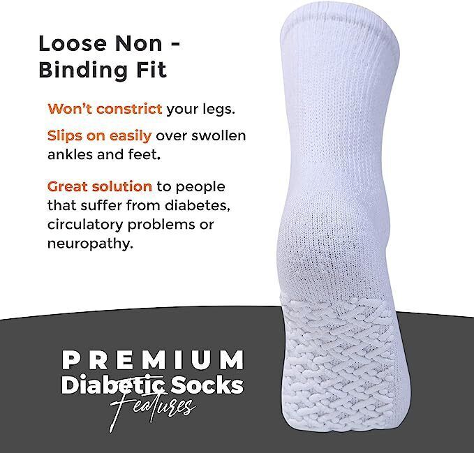3 Pairs Non Slip Diabetic Crew Socks Circulatory Health Cotton Loose Fit Top