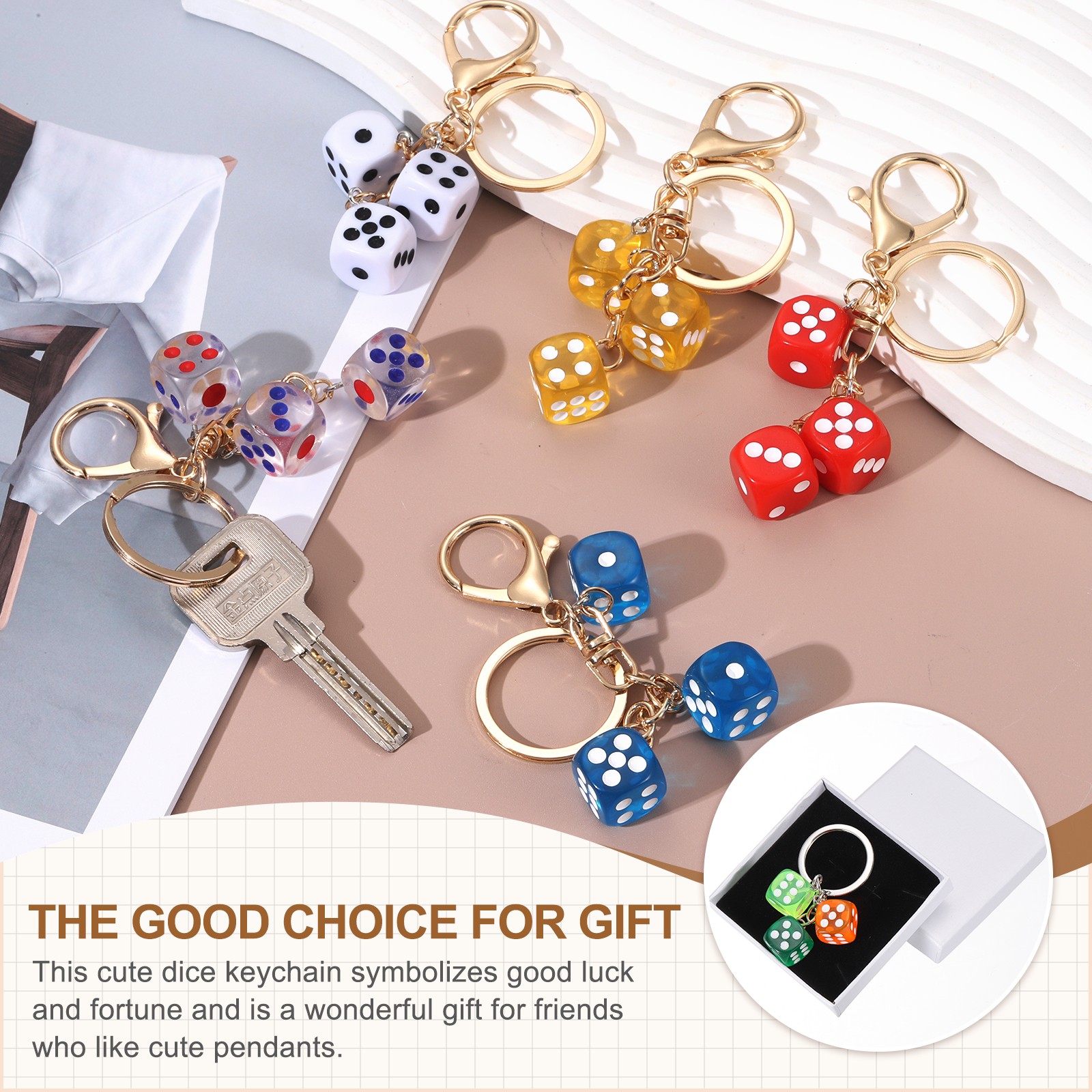 Lucky Dice Keychain Charm, Resin Dice Keyring with 3 Pendants, Light Blue