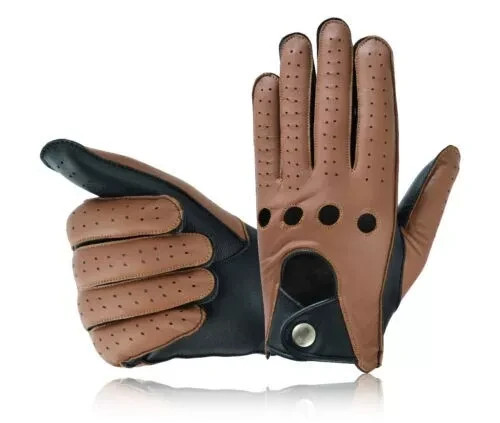 Mens Genuine Lambskin Leather Driving Gloves Brown Snap Wrist Driver Gloves New