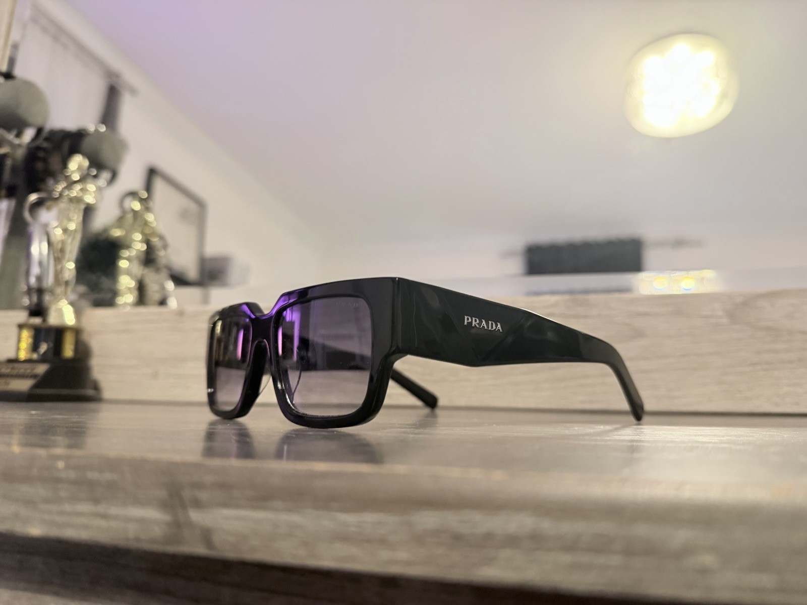PRADA UNISEX Rectangle Designer Sunglasses Black Plastic Frame Gray Tinted