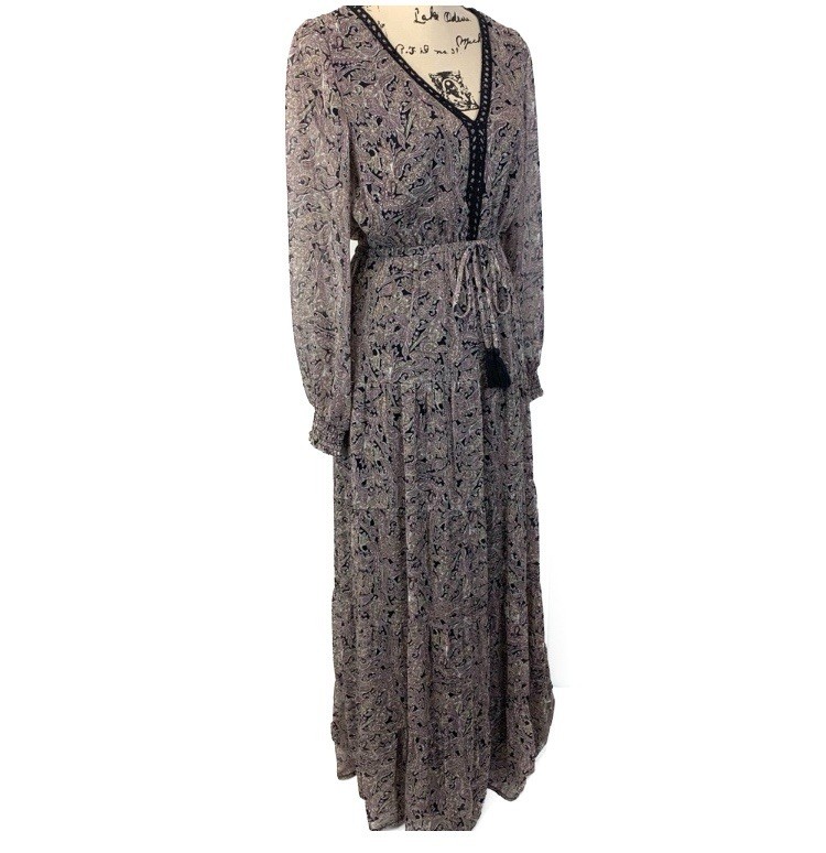 Lovestitch Women Small Maxi Dress Paisley Victorian Chiffon Tassels Sheer Boho