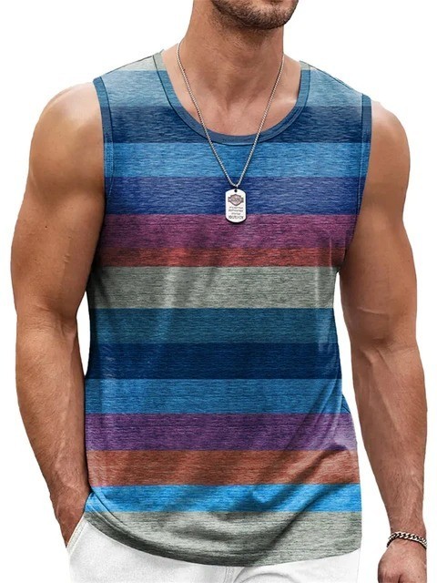 Men’s Striped Gym Tank Top Summer Beach Muscle Sleeveless Shirt Casual Vest S-6X