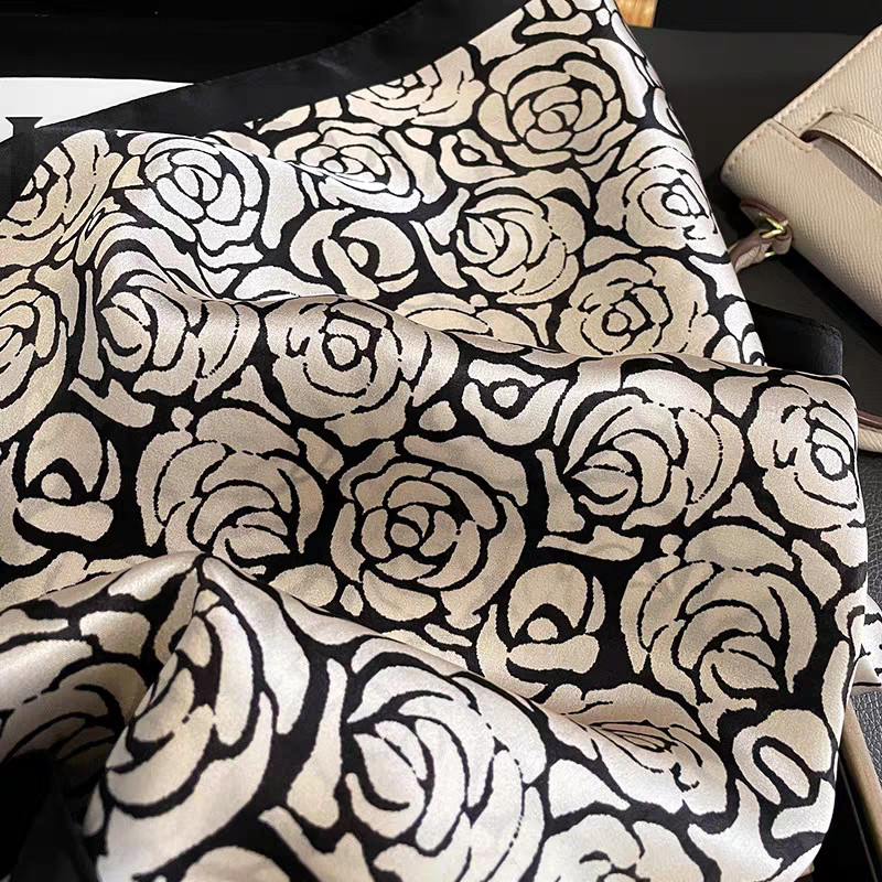 Satin Square Scarf 70x70CM Camellia Print Black White Wrap for Women Spring Fall