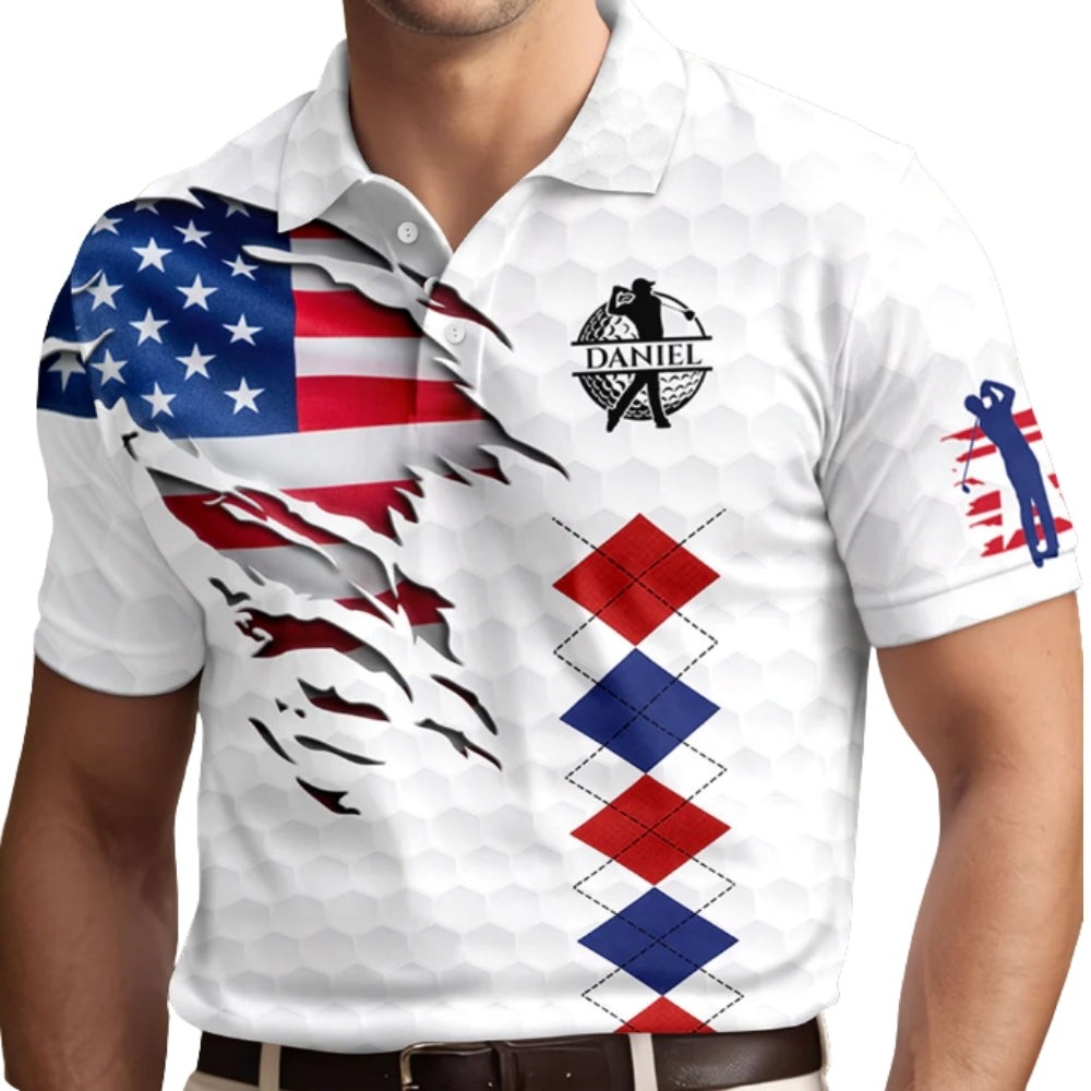Custom Name American Flag Argyle Golf AOP Shirt Polo Shirt Fullsize S-5XL