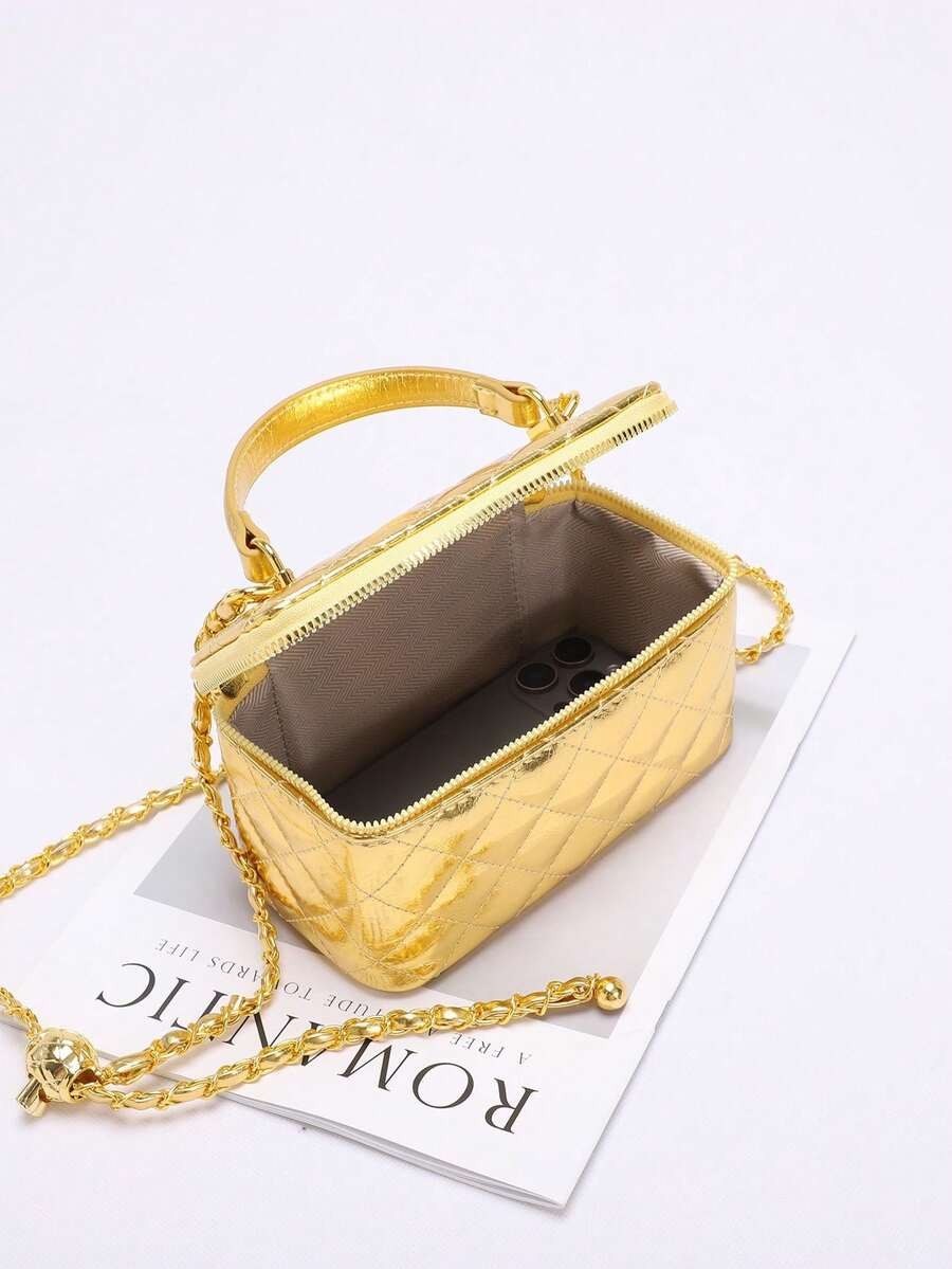 Fashionable Quilted Box Bag Plain Mini Crossbody Chain Strap Zipper Purse