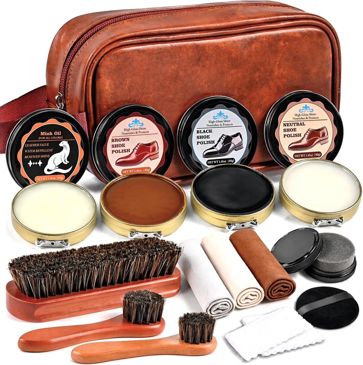 Shoe Polish Kit – 15PCS Shoe Care Kit with Black Brown Neutral Polish & Mink Oil