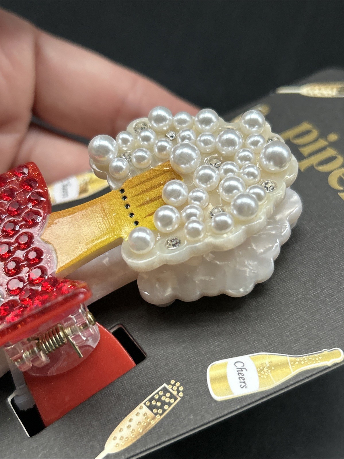 Piper K “Pop” Champagne Bottle Crystal Sequin Beaded Hair Clip Claw New Cute